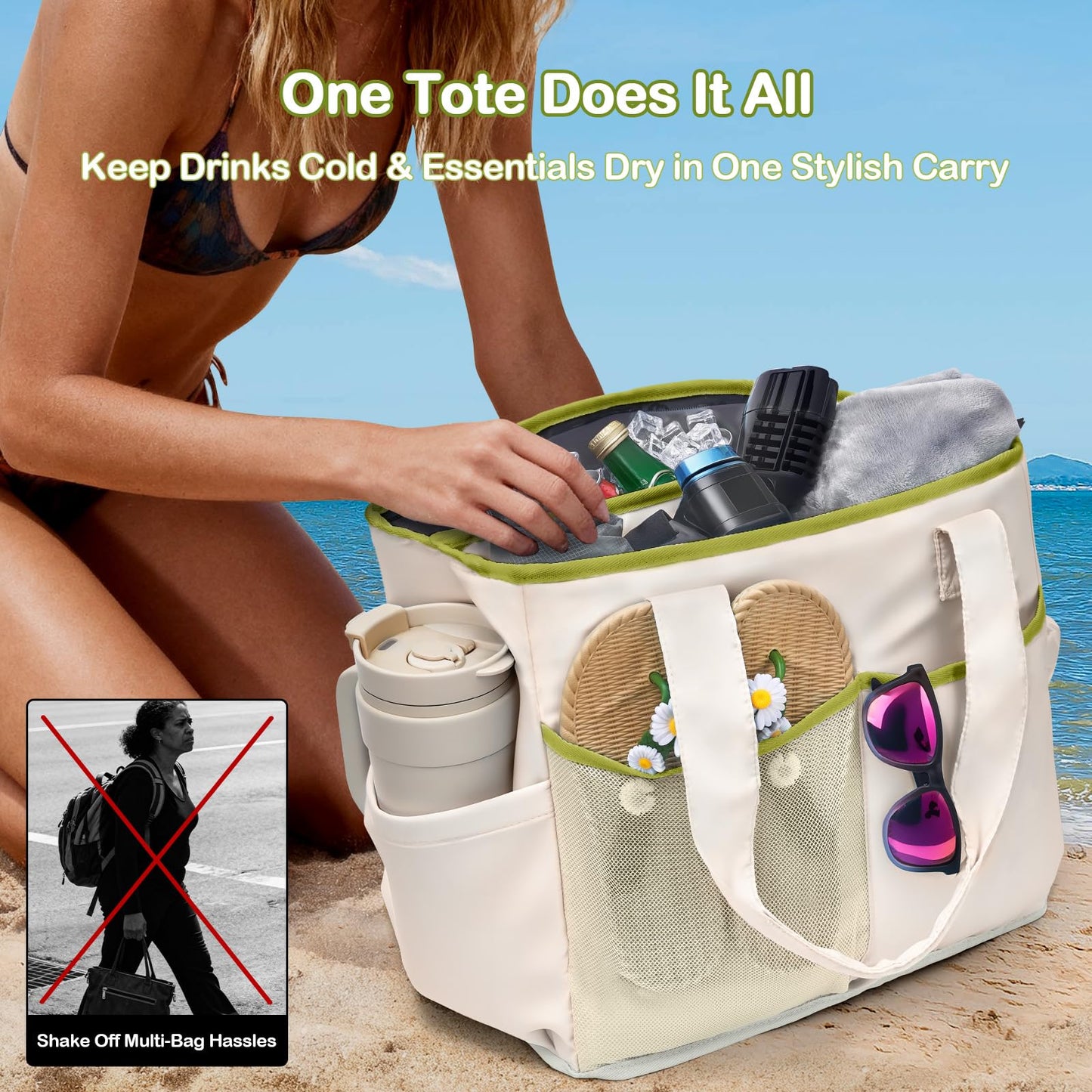 Odoland Cooler Bag, Insulated Leakproof Beach Cooler Backpack with 2 Compartment for Women, 2 in 1 Large Capacity Soft Tote Cooler Bag with Multiple Pockets for Beach Picnic Trip Daily Use,White