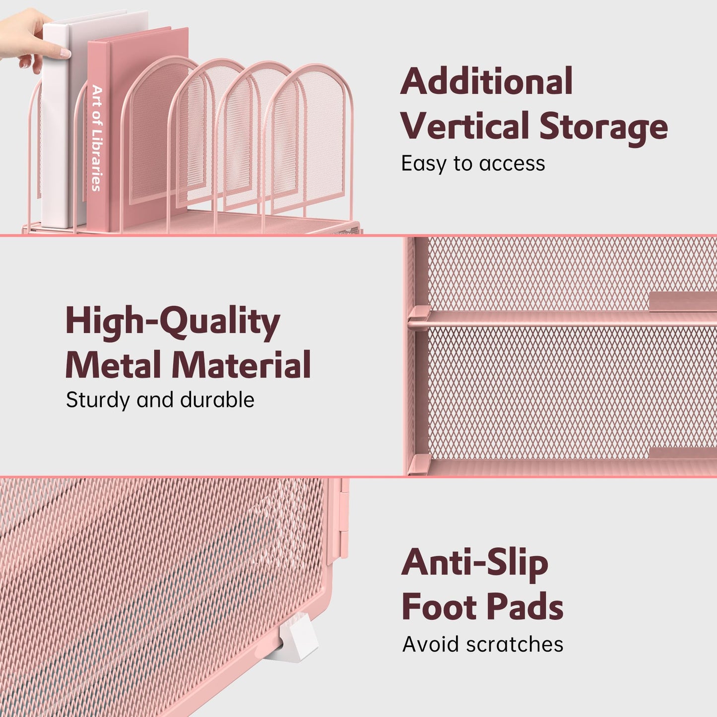 DALTACK Paper Desk Organizer, 3-Tier Letter Tray with 5 Vertical File Holders, Multifunction Desk Organizer, Desktop File Folder Organizer, Desk Organizers and Accessories for Home Office, Pink