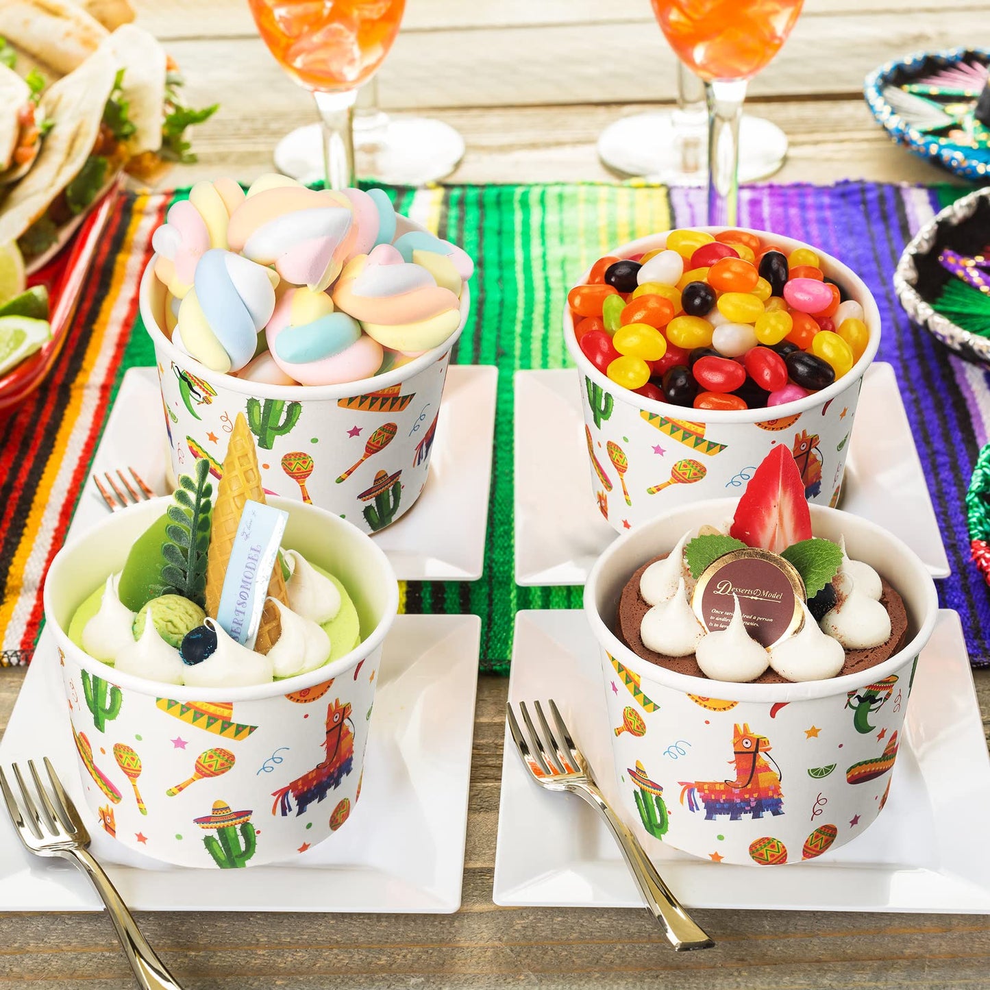 Sabary 60 Pieces Fiesta Ice Cream Cups 9 oz Disposable Dessert Bowls Paper Soup Bowls Mexican Snack Cups for Hot or Cold Food for Cinco De Mayo Mexican Birthday Party Decorations(Cactus)