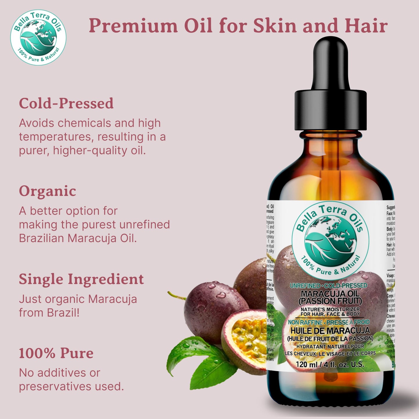 Bella Terra Oils Pure Cold‑Pressed Maracuja Oil, 473 mL (16 fl oz) – Lightweight & Non‑Greasy for Lustrous Hair & Radiant Skin