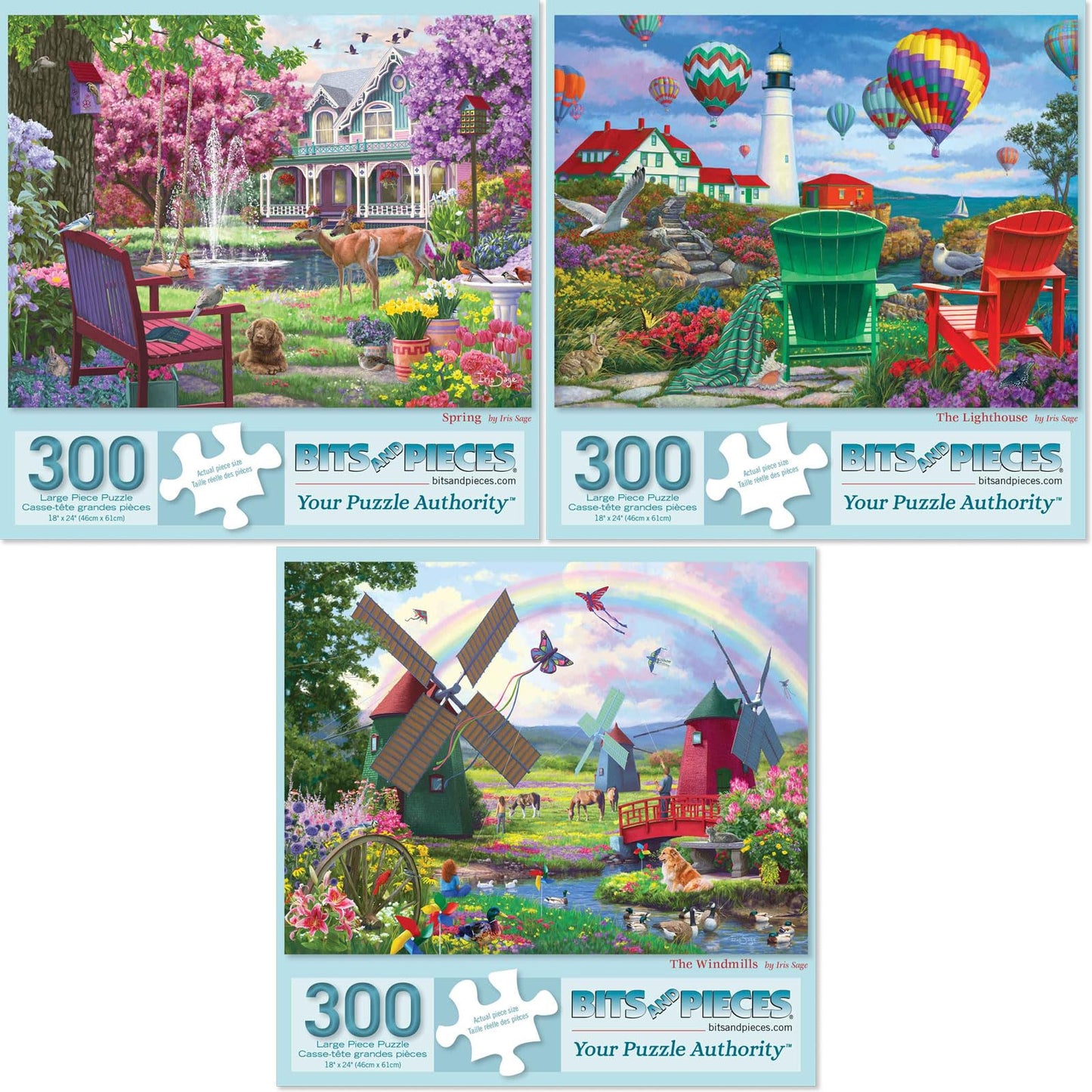 Bits and Pieces - Value Set of Three (3) - 300 Piece Jigsaw Puzzles for Adults - Large Piece 300 pc Colorful Nature Jigsaws Bundle by Artist Iris Sage - 18” x 24”