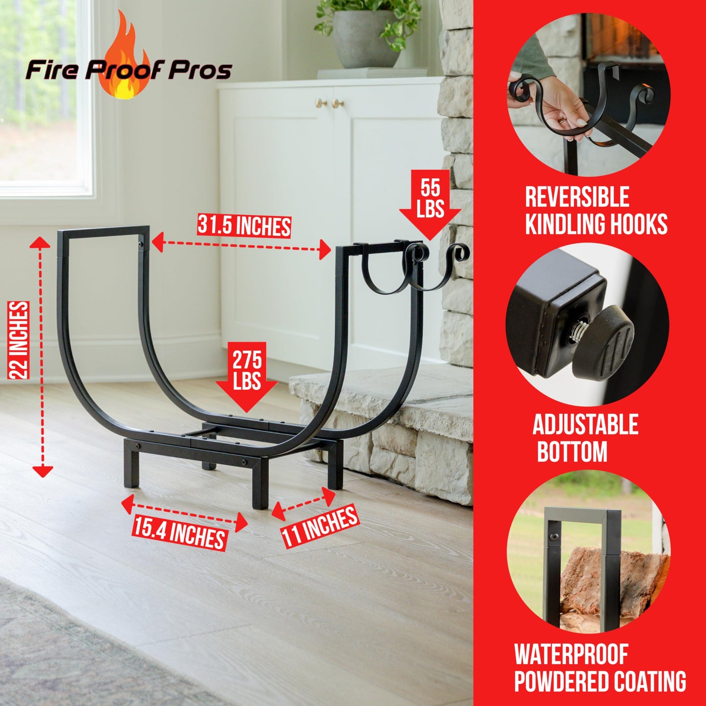 FireProof Pros Outdoor Firewood Racks or Indoor Wood Holder with Kindling Hooks. 32in Curved Wood Rack. Double Coated Firewood Storage Outdoor Waterproof, Rustproof, Stable Fireplace Log Holder