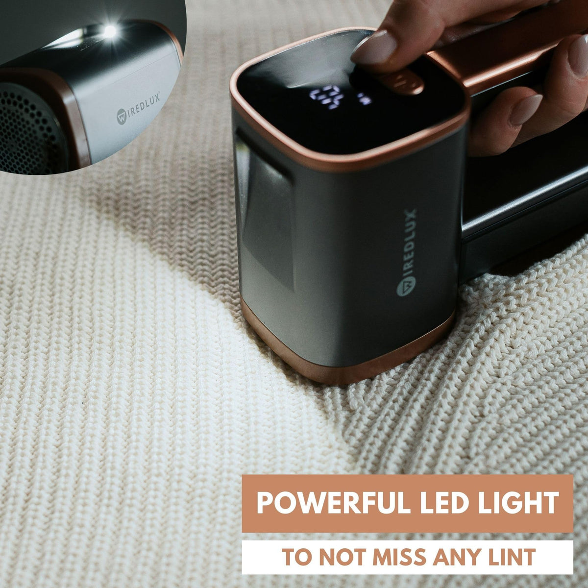 WiredLux Electric Lint Remover - Rechargeable Fabric Shaver for Clothes & Couch - Adjustable 3-Speed, 6-Leaf Blade, LED Light, USB Charging - Depiller with Dual Protection (Graphite Grey/Copper)