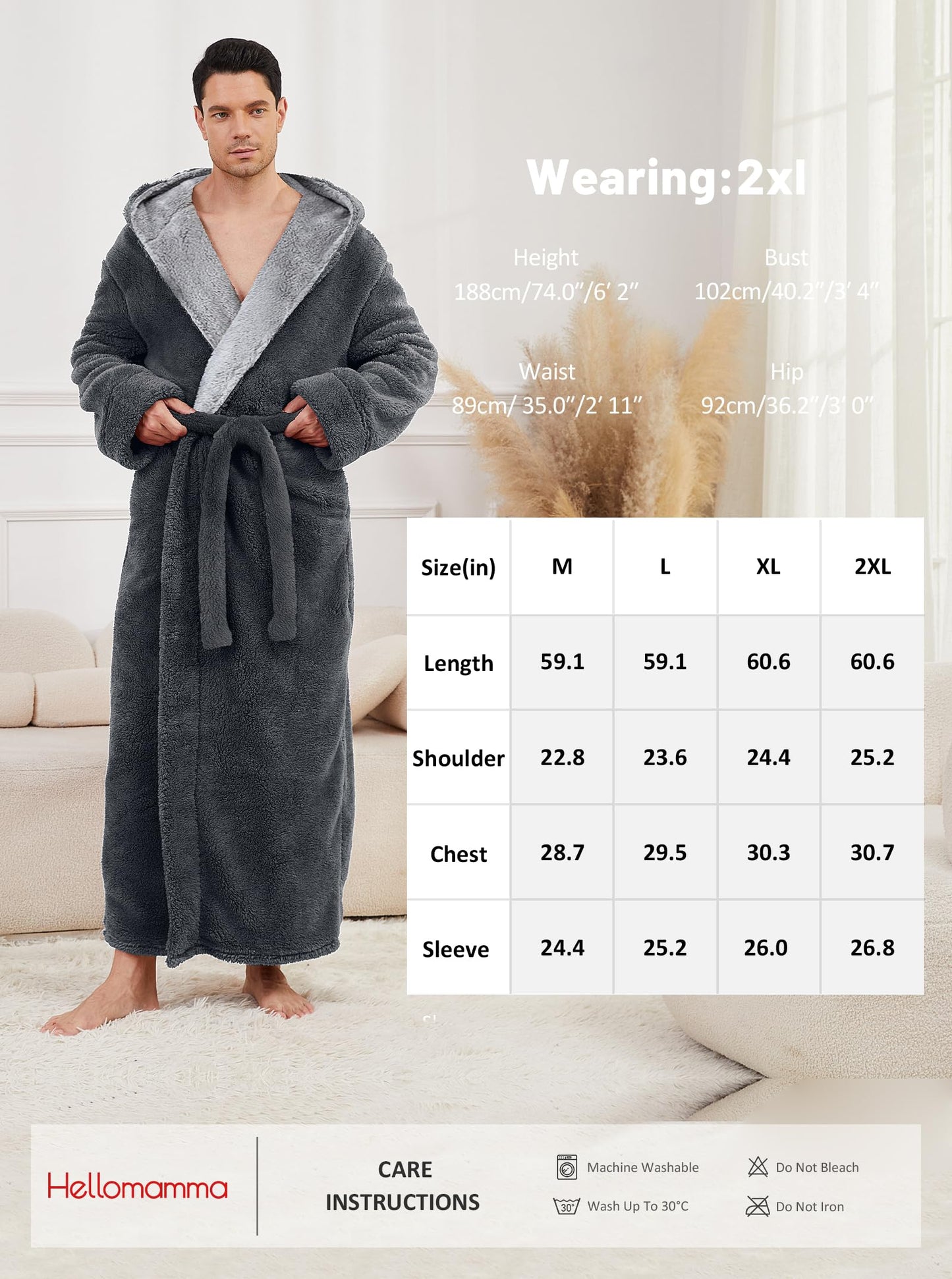 Hellomamma Mens Long Robes with Hood Full Length Hooded Bathrobe Fleece Plush Fluffy Housecoat Nightgown Grey X-Large