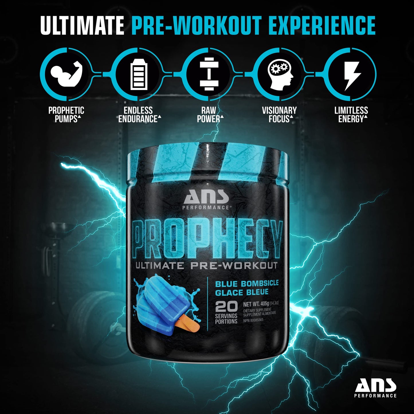 ANS Performance Prophecy Pre Workout Powder (20 servings, 14.5 oz) – Gluten Free Pre-Workout Formula - Energy & Strength - Sugar Free- Increase Power & Workout Volume (Blue Bombsicle)