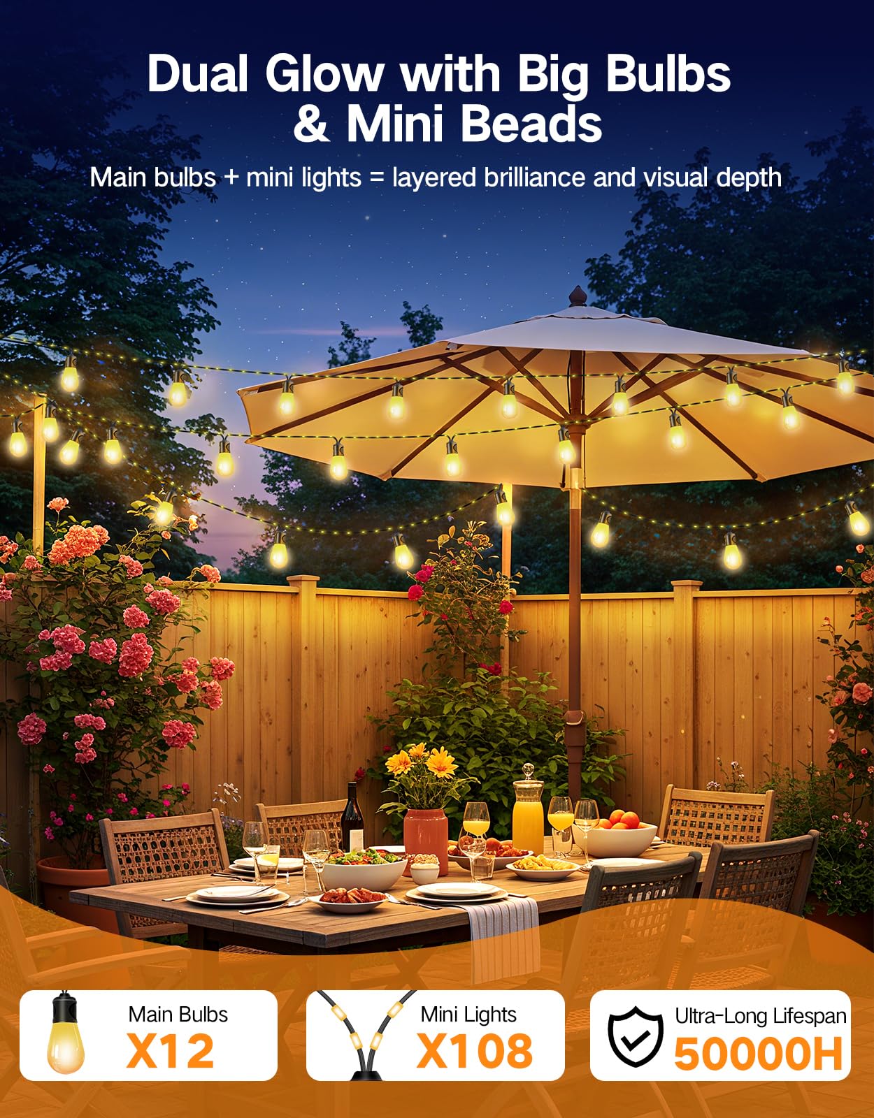 OUTON Outdoor String Lights, 46FT Smart AI RGB Patio Lights with Individual Bulb Control, APP Remote Voice Control, Works with Alexa and Google Assistant, IP65 Waterproof, Dimmable for Backyard Party