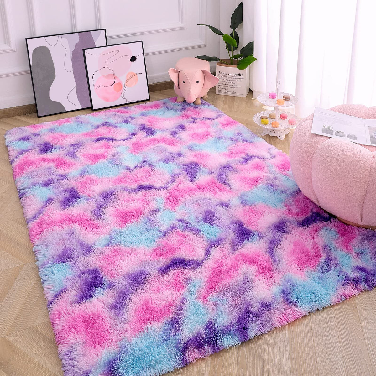 AROGAN Soft Rainbow Area Rugs for Girls Room 5x8 Feet, Fluffy Girls Bedroom Rugs, Princess Rug, Cute Colorful Carpet for Kids Teens Nursery Toddler (Hot Pink)