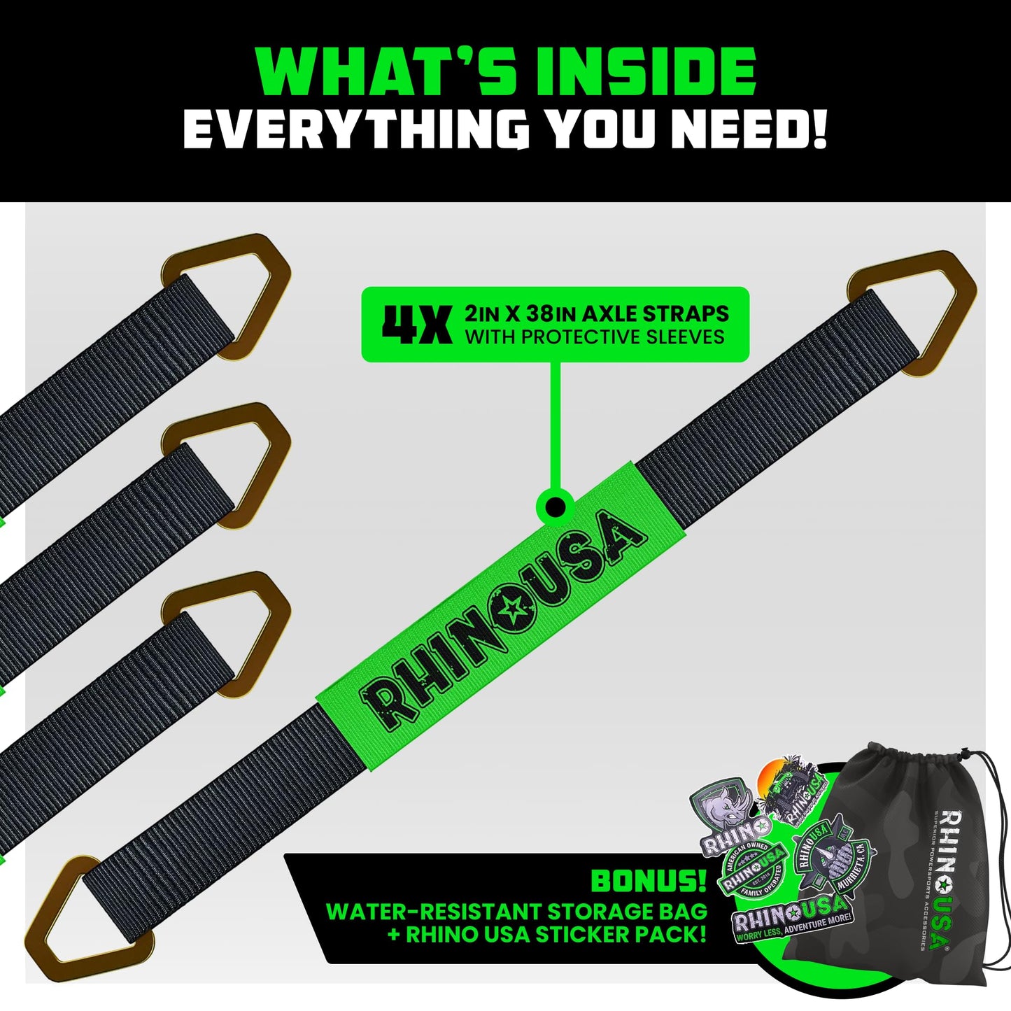 Rhino USA Axle Tie Down Straps - Lab Inspected 11,128lb. Break Strength - Heavy Duty Protective Sleeves & D Rings to Ensure Peace of Mind - Used for Car Engine Hoist, Truck, Trailer, UTV (4-Pack Set)