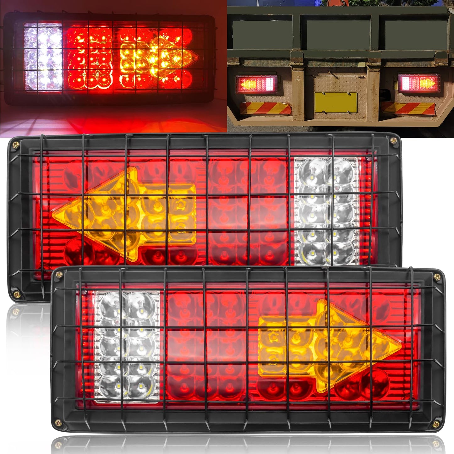 Ygmylandbb Truck Tail Light Bar, 43 LED Trailer Tail Lights, Turn Signal Brake Reverse Tail All In One Trailer Taillights with Iron Net Protection, RV Tail Lights (24V) Arrow+Square 2Pcs