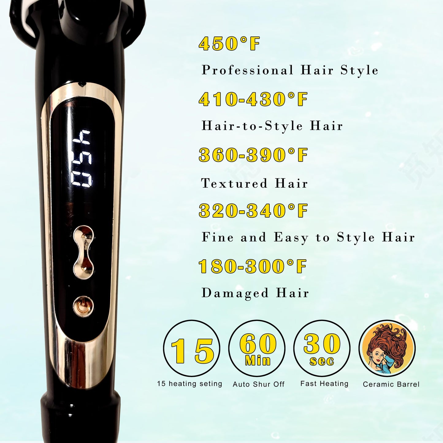 abp 1 Inch Curling Iron Extra long barrel with Ceramic Coating for Long/Medium Hair,LED Display Instant Heat up to 450°F with clamp,Hair Waving Style Tool Girls & Women