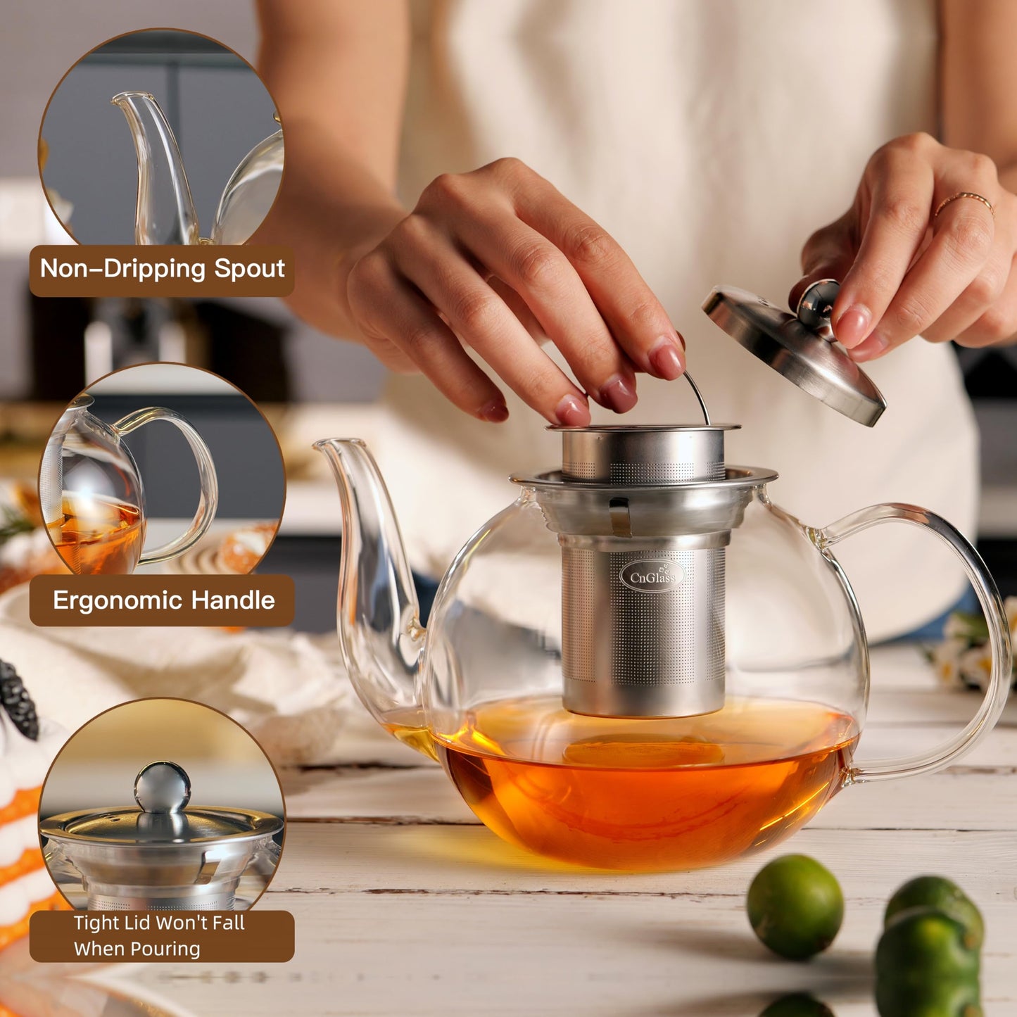 CNGLASS 40oz Glass Teapot with Removable Infuser,Clear Tea Kettle Stovetop Safe,Blooming and Loose Leaf Tea Maker Set