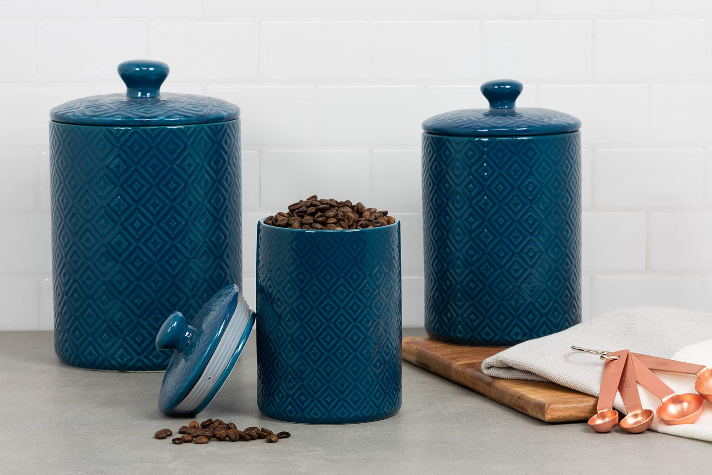 10 Strawberry Street Diamond Embossed 3 Piece Canister Set, Blue