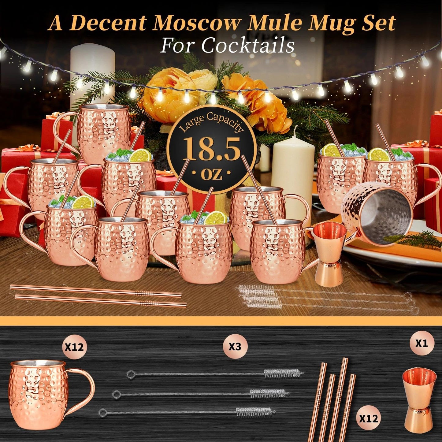 Moscow Mule Copper Mugs Moscow Mule Cups Kit 19oz Set of 12 with Handle Large Copper Hammered Plating Cups with 0.5oz Double Jigger, Stainless Steel Straws, Spoons for Cold Drinks Cocktails Wine
