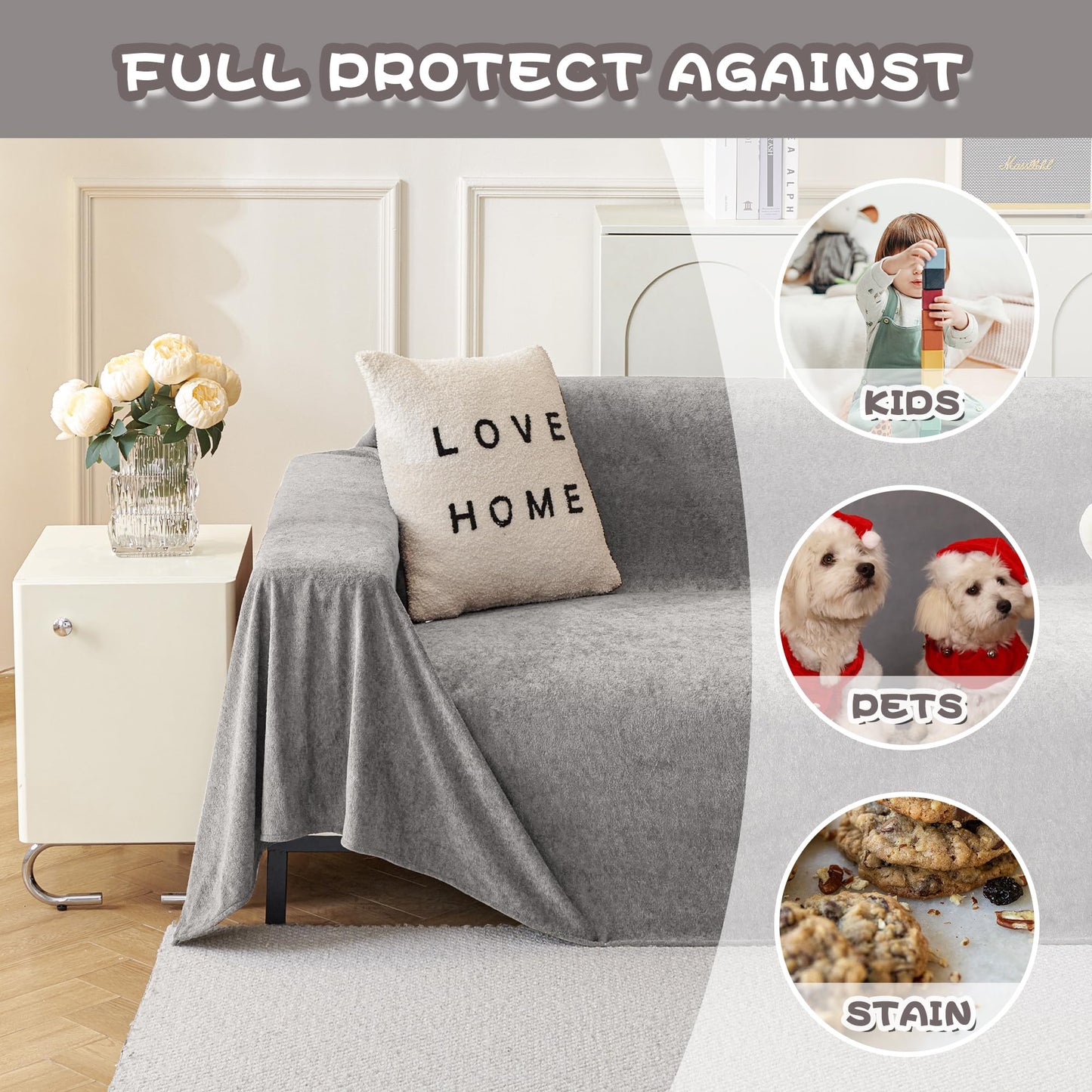 MYSKY HOME Sectional Couch Cover Sofa Slipcovers for 3 Cushion Seater Couch, Dog Cat Friendly Non Slip Furniture Protector Washable, 91" x 134", Grey