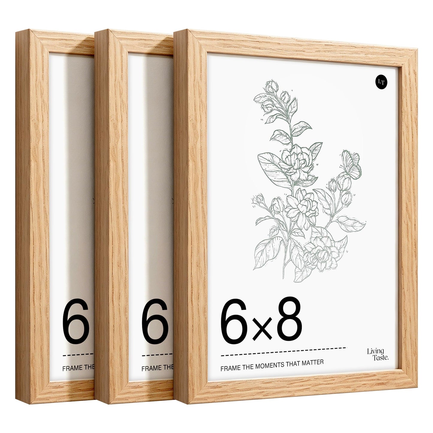 LIVINGTASTE 6x8 Solid Oak Wood Picture Frames Set of 3,Natural Oak Wood Frame with Tempered Glass can Display Photo 6x8 Without Mat,Poster Frame for Wall Home Decor,Set of 3