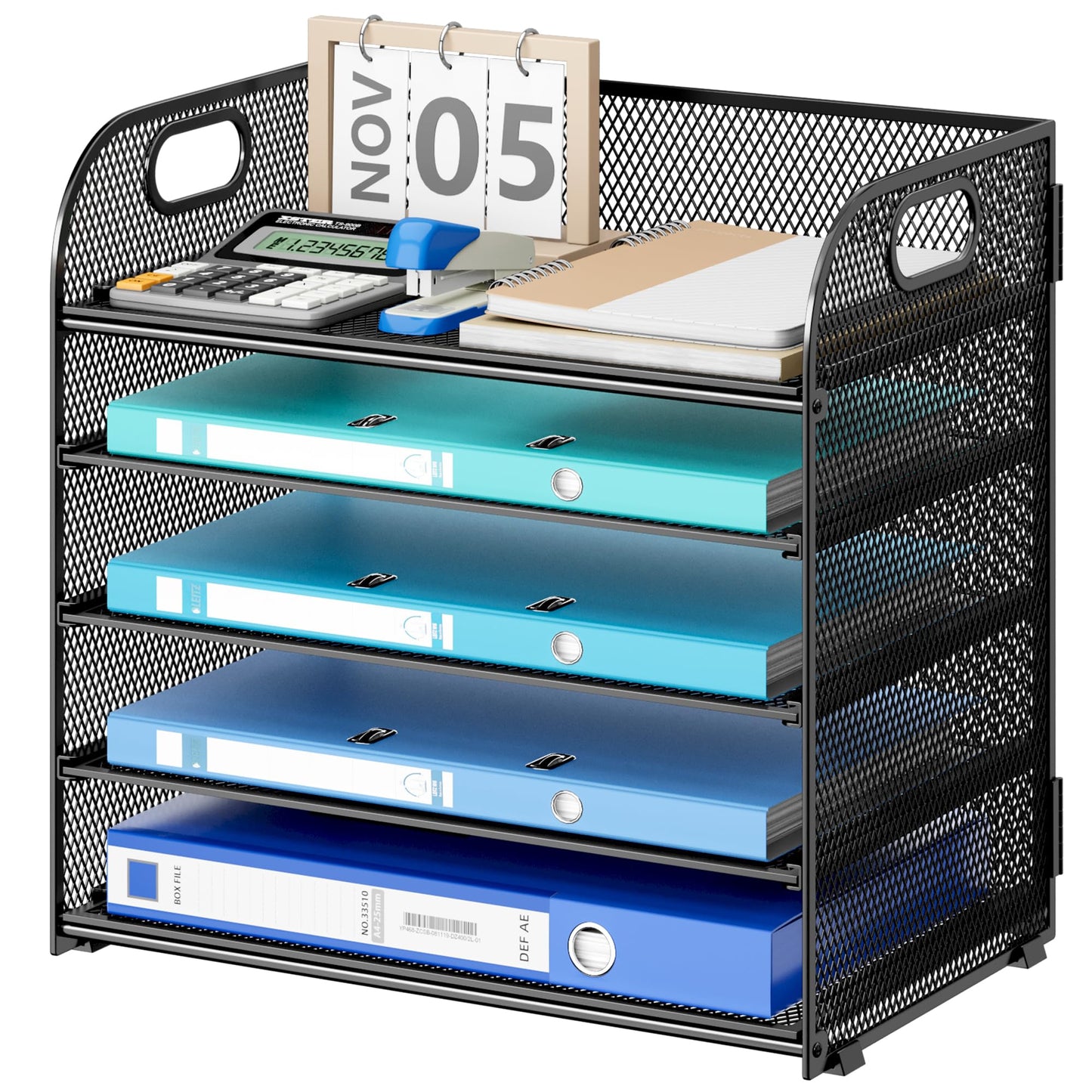 5 Tier Paper Desk Organizer with Handle and 1 Pcs Slideable Letter Tray, A4 Paper File Folder Sorter Metal Mesh Organizer for Home Office School Desk Supplies Organization Storage - Black