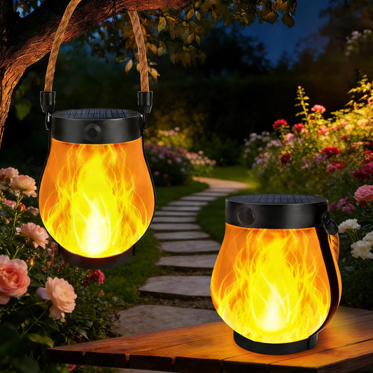 2 Pack Solar Lanterns Outdoor Waterproof, Flickering Flame Hanging Lanterns Decorative Outdoor with 2 Modes, Dual Charging USB & Solar-Powered Outdoors Lantern for Porch Yard Patio Tree Garden Decor