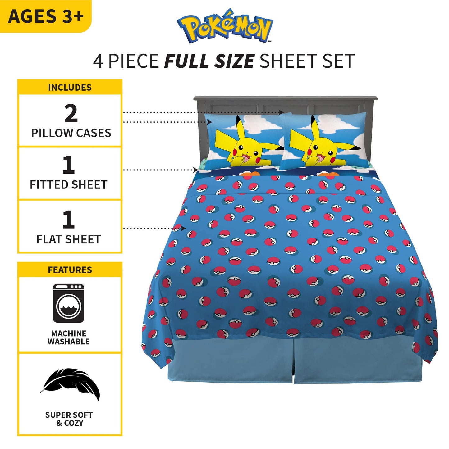 Franco Kids Bedding Soft Microfiber Sheet Set, Full, Pokemon