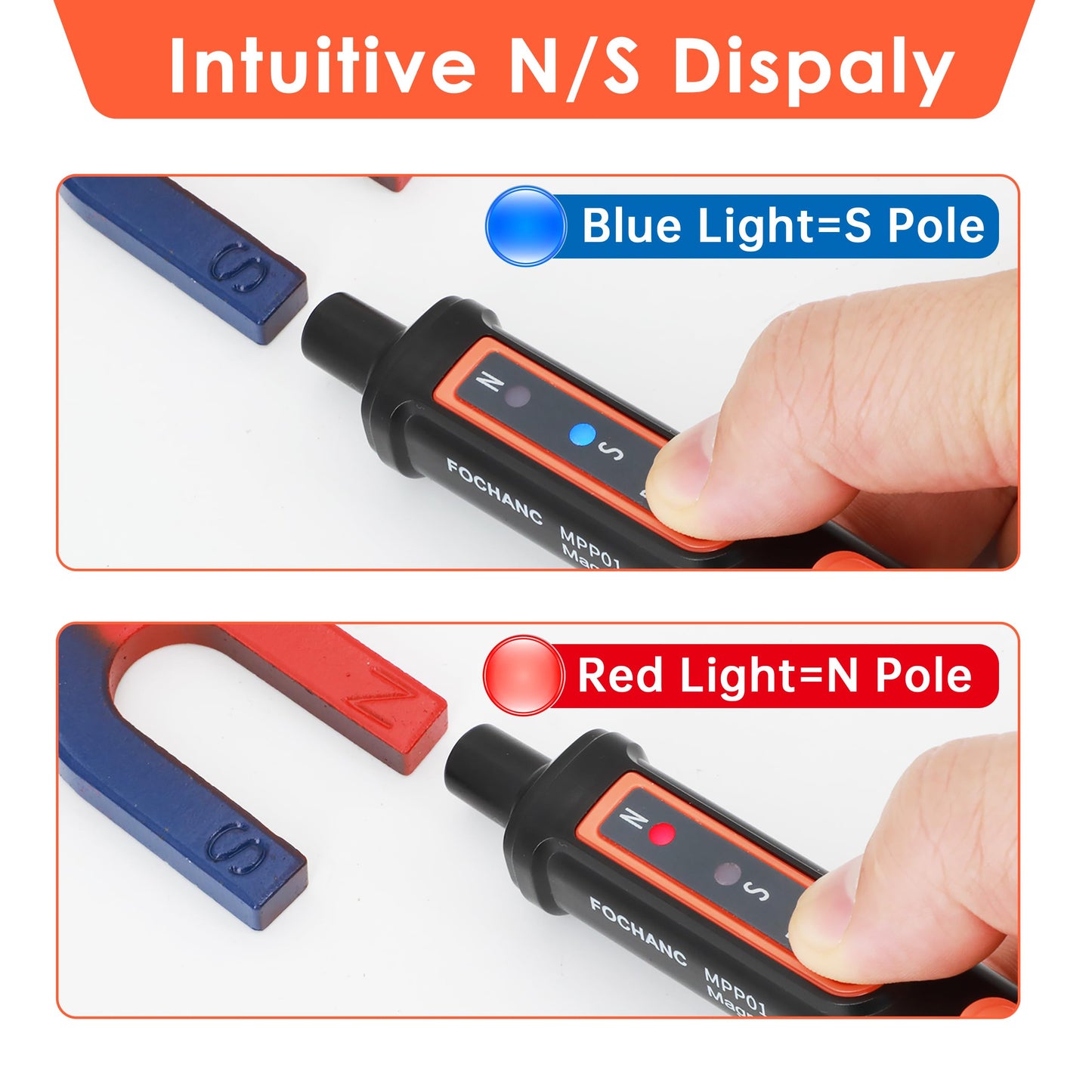 Magnetic Polarity Tester,Fochanc Magnet Detector,Identifying N/S Pole of Magnetic Objects,Battery Included (Orange)