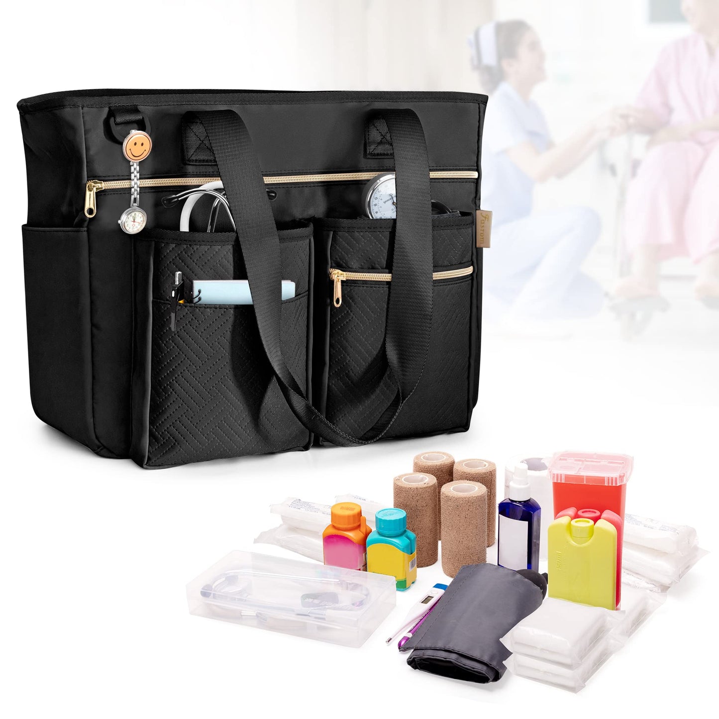 Fasrom Nurse Tote Bag for Work Nurses with Laptop Sleeve, Home Health Clinical Bag for Nursing Students and Medical Assistant, Black (Patent Design)