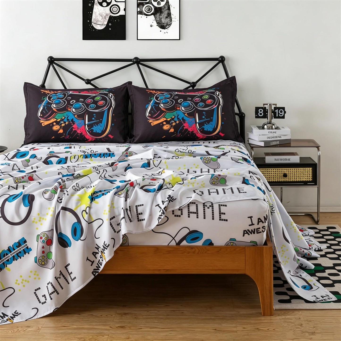 qjmiaofang Gamer Comforter Set for Boys 6 Pieces Black Gaming Bedding Set Twin for Kids Teens Bed in A Bag Gamer Bed Set with Sheets and Pillowcases Soft Microfiber for Home Decor