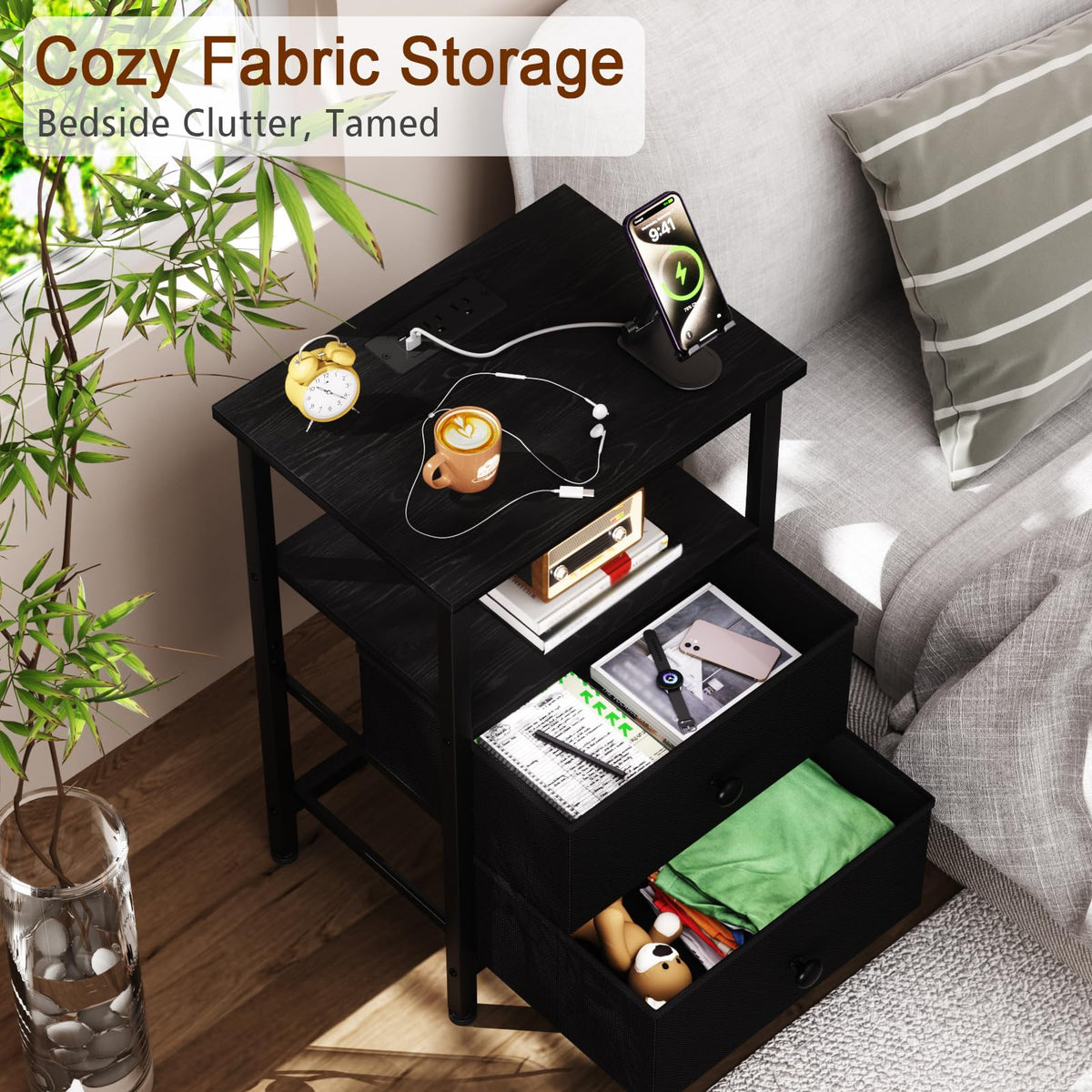 LOAKEKEL Night Stand with Charging Station, Small Bedside Table with Fabric Drawer, Nightstand with USB Ports & Outlets for Bedroom, Living Room, Black, HETS020BK-1