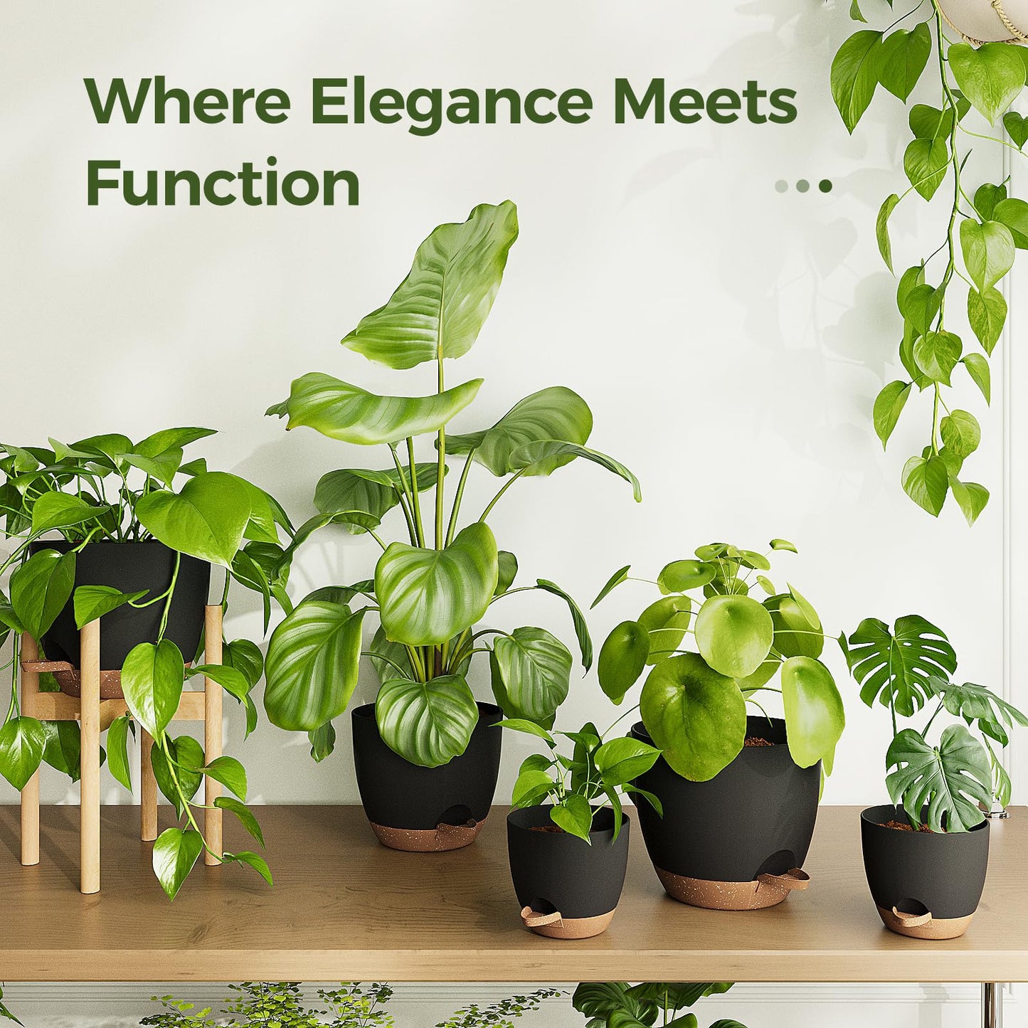 Bamworld 6 Pack Indoor Plant Pots Shelf Watering Planters for Indoor Plants with Drainage Hole Plastic Plant Pot for Home Gardening Containers(Black)