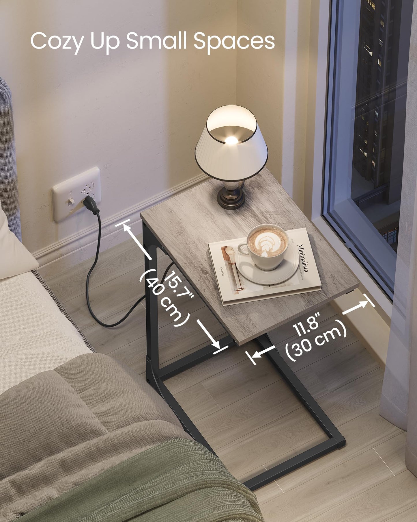 VASAGLE C-Shaped End Table for Couch, Sofa Side Table with Charging Station, Metal Frame, for Living Room, Bedroom, Heather Greige and Ink Black ULET362K02