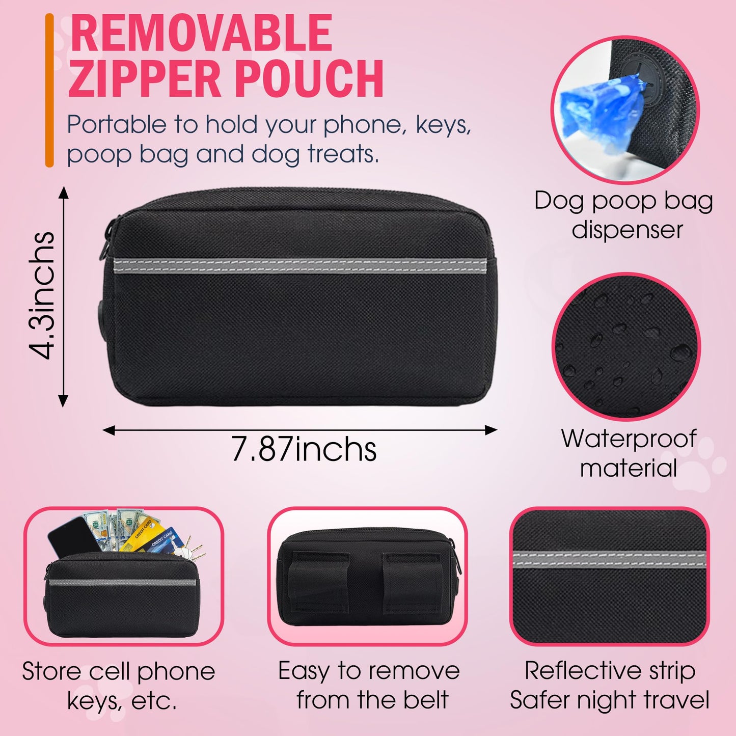 Hands Free Dog Leash with Waist Belt – No-Pull Bungee, Dual Padded Handles & Zipper Pouch for Running, Walking & Training – Adjustable Waist Leash for Large & Medium Dogs (Pink)