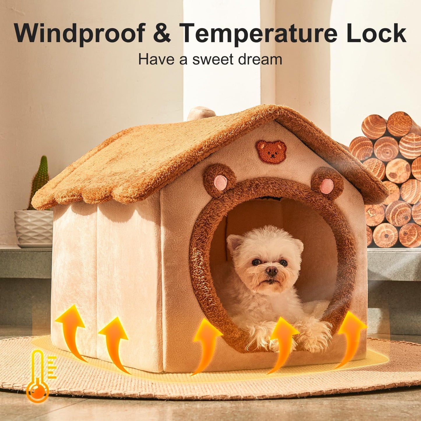 JIUPETY Cute Small Dog House Indoor, Foldable House Kennel Bed Mat with Cushion, L Size Tent Up to 25 Lbs, Dog Cave Bed with Non-Slip Bottom, Brown