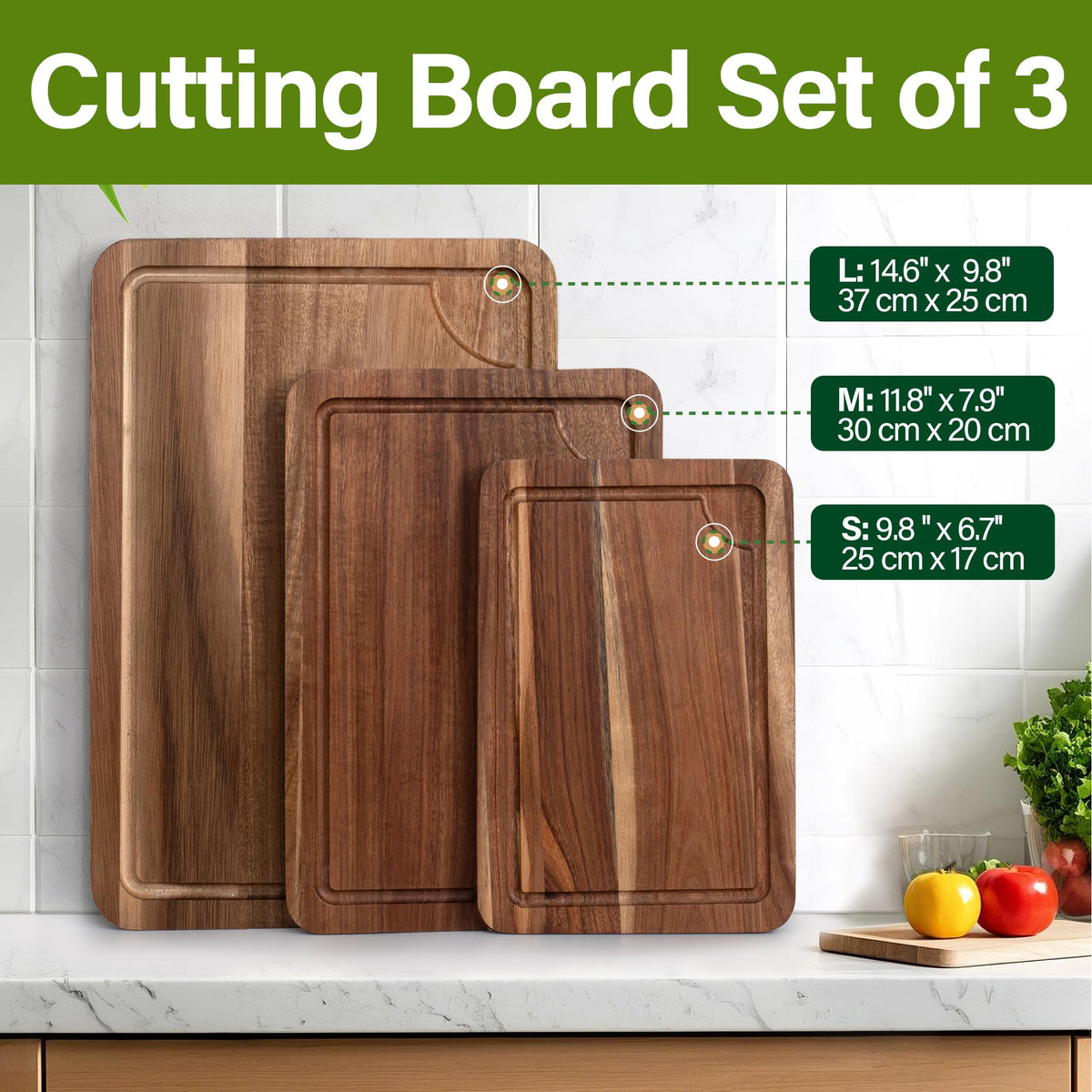 Wooden Cutting Boards for Kitchen, Wood Cutting Board Set with Juice Groove, Chopping Boards Set of 3（Small, Meduim & Large Charcuterie & Chopping Butcher Block for Meat