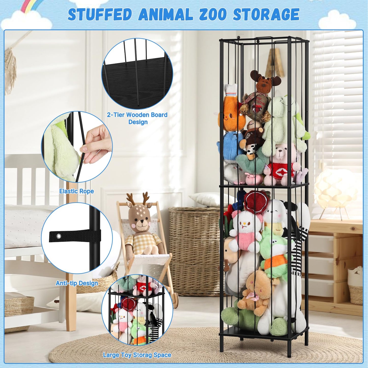 Stuffed Animal Storage Zoo 64'' Kids Toy Ball Storage Organizer Metal Plushies Toy Storage Holder for Playroom Birthday Gift for Bedroom Nursery, Black