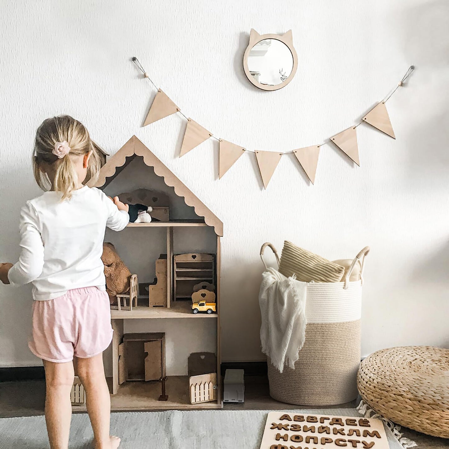 Kodomoore Laundry Basket Hamper – Woven Cotton Rope Nursery Hamper for Clothes, Blankets, Yoga Mat – Boho Basket for Living Room – 16”D x 22”H – White & Beige Brown