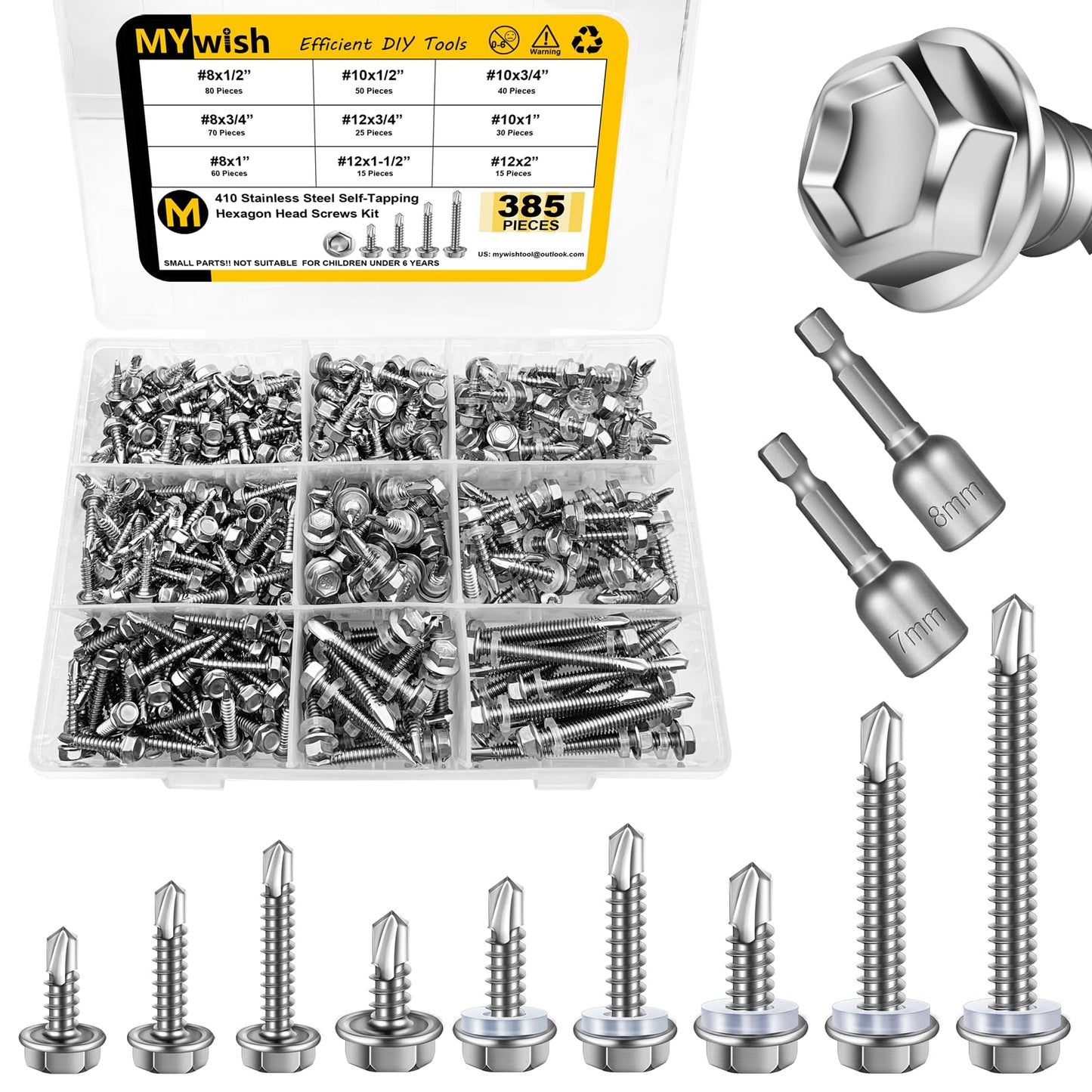 Mywish 410 Stainless Steel Self Tapping Screws for Metal, 385 Pieces #8#10#12 Hex Head Self Drilling Screws Assortment Kit, Length 1/2" to 2", High Strength Sheet Metal Screws