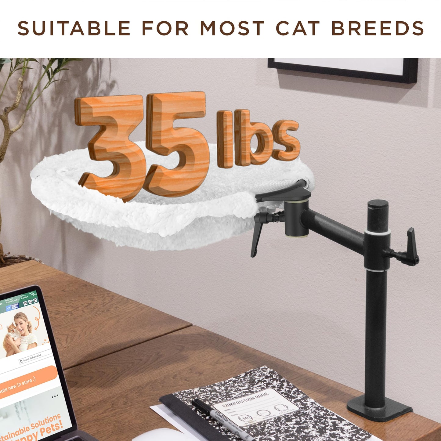 EVOMOTIVE Deskside Dreamer - Cat Desk Perch, [+ Catnip Fish Toy], Comes with [2 Washable Fabrics]: Mesh and Plush, 360° Rotating & Height Adjustable [White]. Max Weight 35LBS