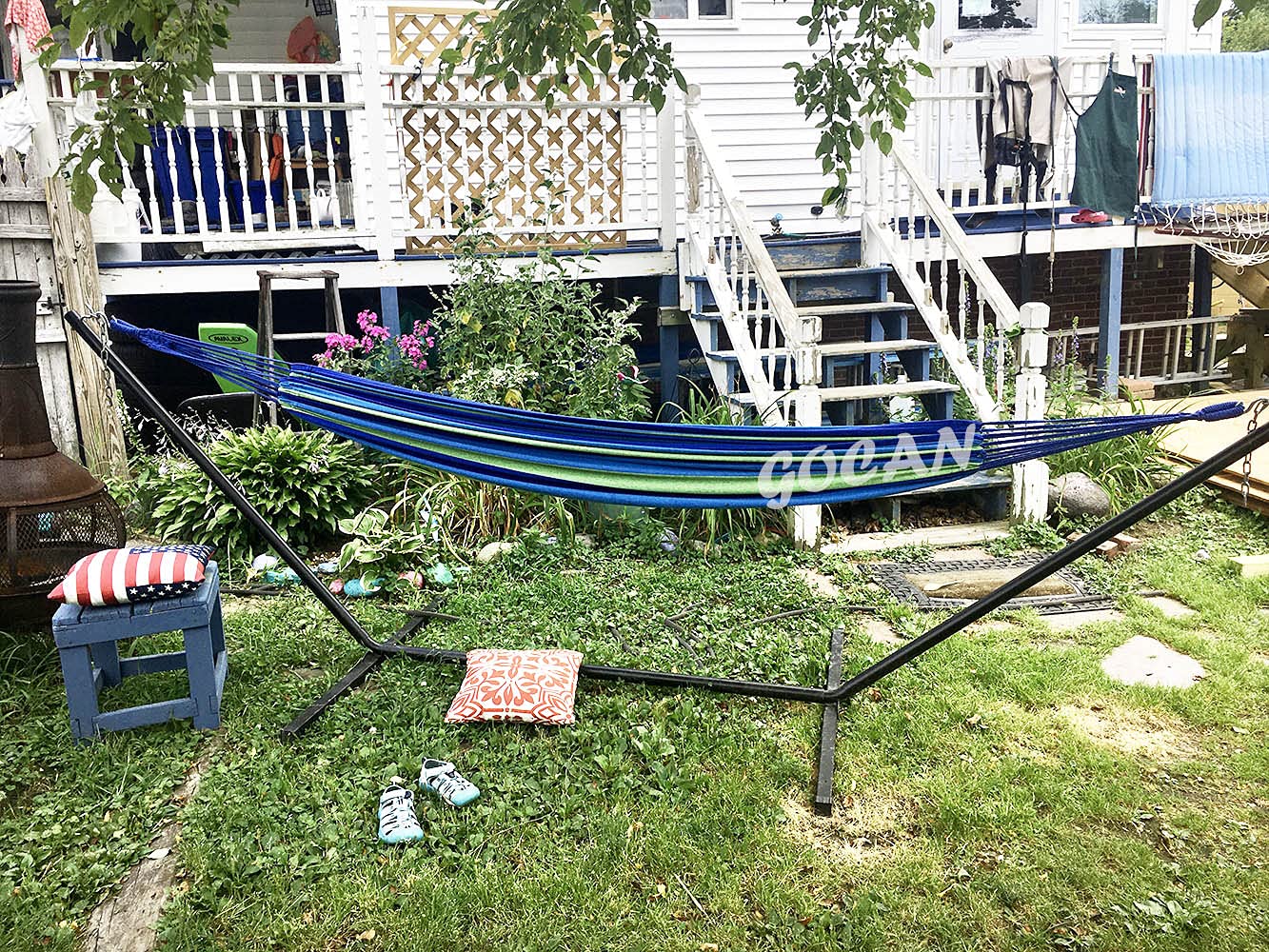 GOCAN Brazilian Double Hammock 2 Person Extra Large Canvas Cotton Hammock for Patio Porch Garden Backyard Lounging Outdoor and Indoor(Blue/Green) XXXL