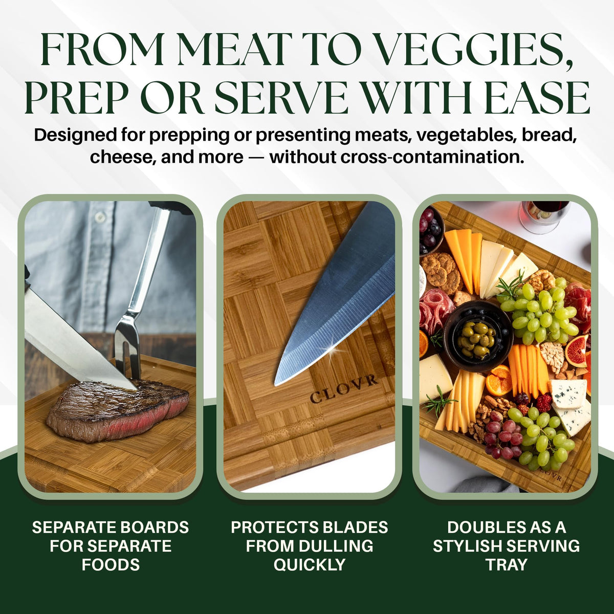 CLOVR End Grain Bamboo Cutting Board Set of 3 – Pre-Oiled Wood Cutting Boards for Kitchen with Handles, Juice Grooves & Non-Slip Pads – Small, Medium & Large Chopping Boards for Meat & Charcuterie
