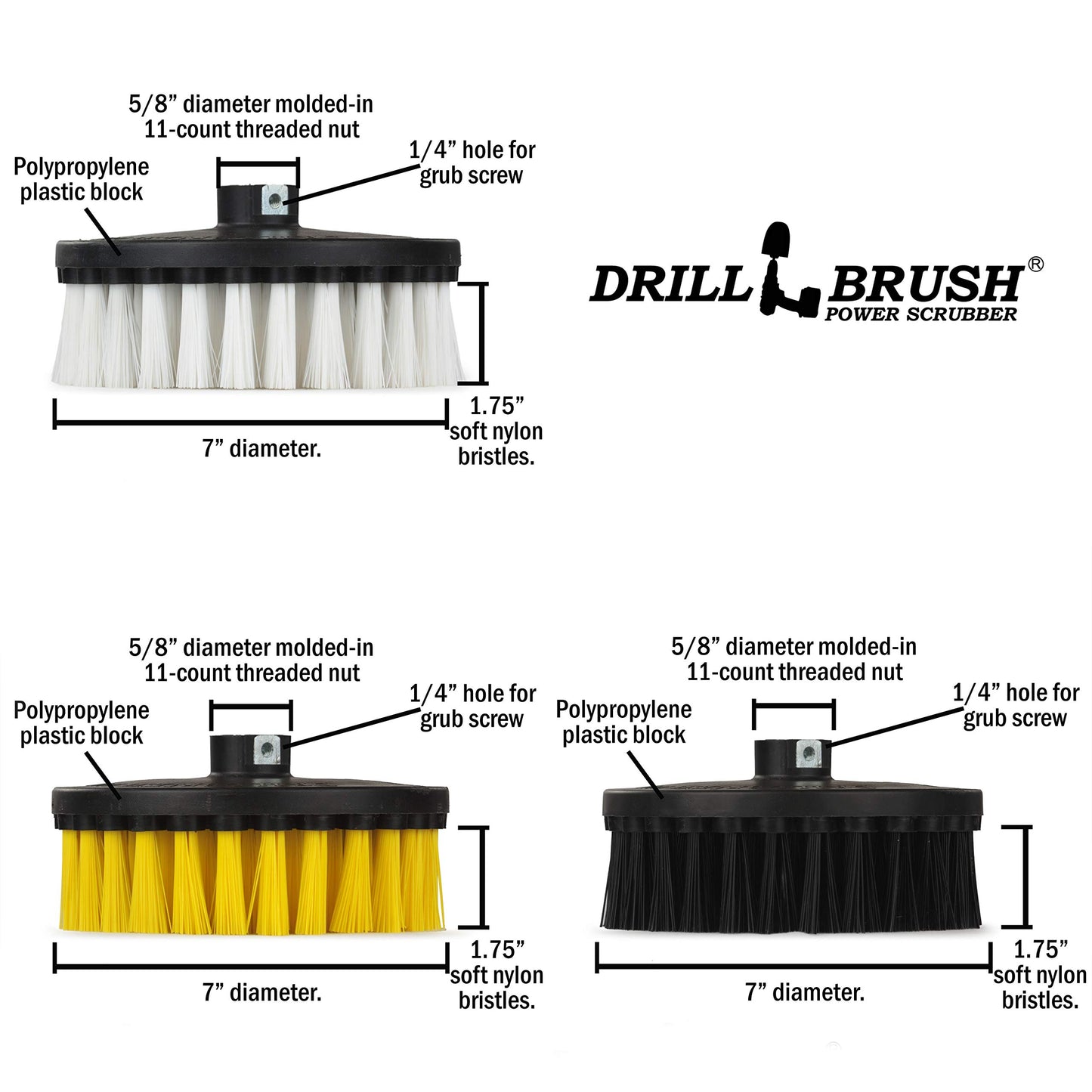 Cleaning Supplies - Floor Cleaner - 7 inch - Soft White - Carpet Cleaner - Medium Yellow - Shower Cleaner - Ultra Stiff Black - Variable Speed - Dual Action - Buffer Polisher - 5/8 x 11 Threaded Hub