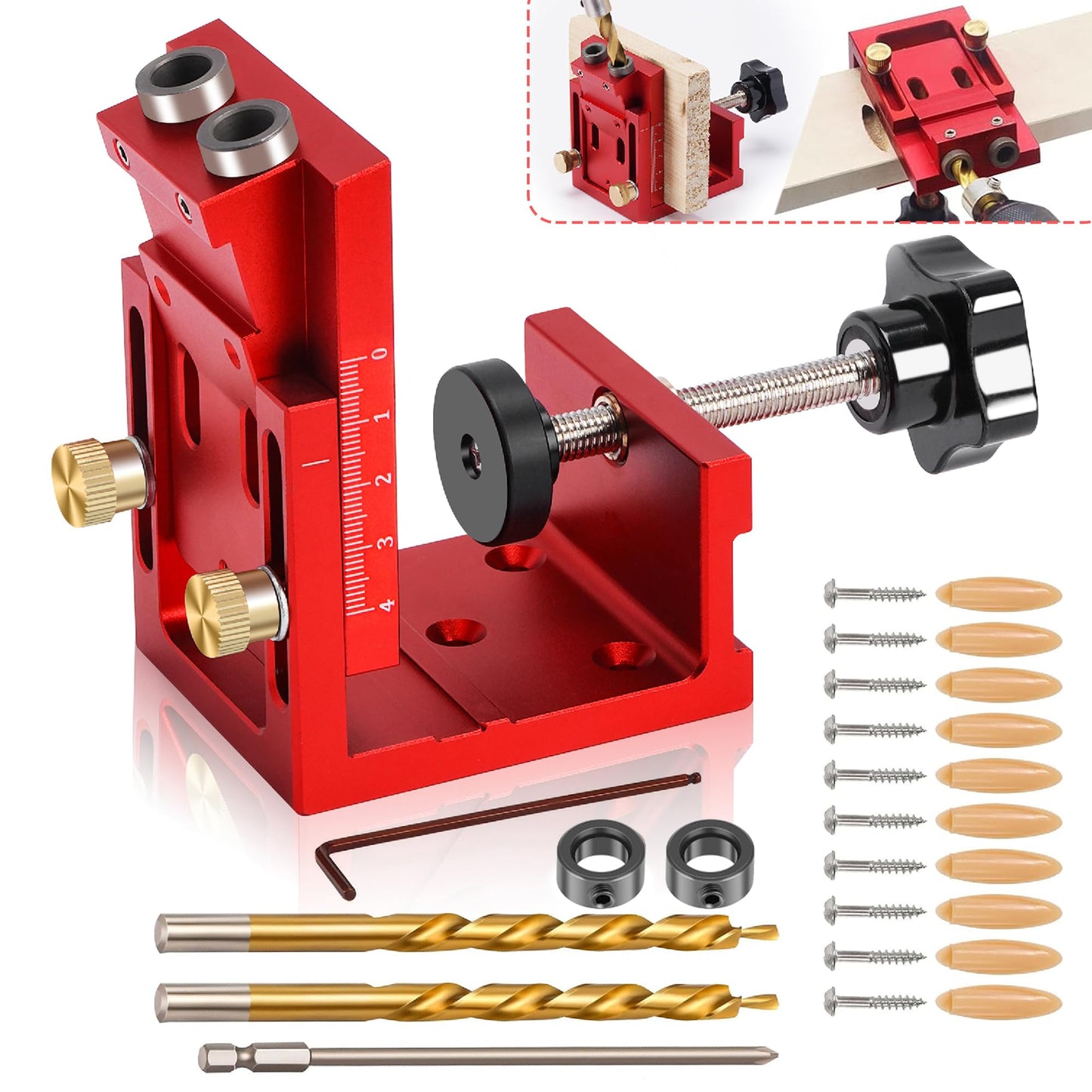 Pocket Hole Jig Kit for Beginners, Adjustable 15° Aluminum Woodworking Jig with Depth Stop & Dual-Scale Slider, Includes Drill Bit, 3-in-1 Hole Jig Kit for Cabinets, Furniture & DIY Table Leg Assembly