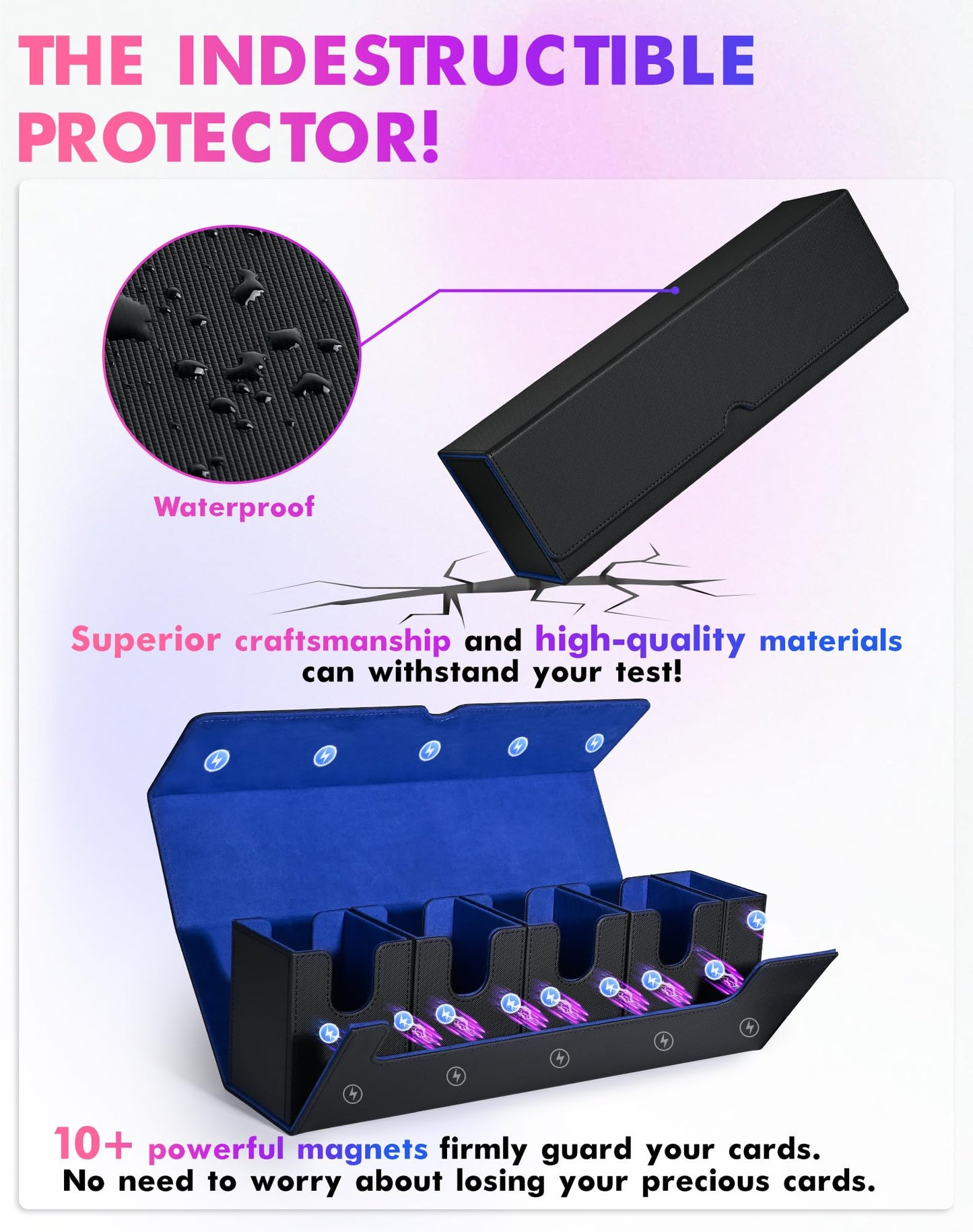 Card Deck Box with Dice Tray for MTG, 5 in 1 Deck Case Holds 800+ Unsleeved Cards, Strong Magnet Card Organizer Compatible with Yugioh TCG Sports (Black Blue)