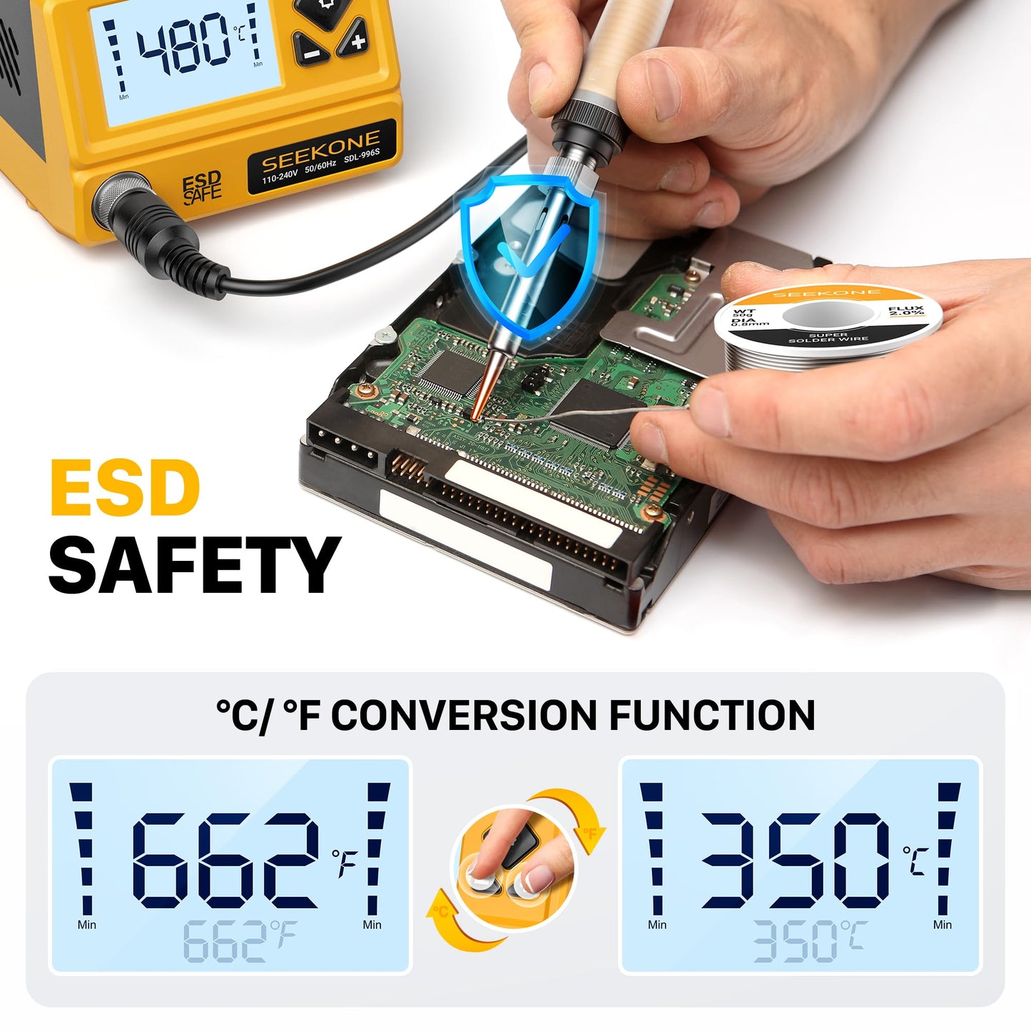 SEEKONE 60W Soldering Station 180℃ - 480℃（352°F - 896°F）Soldering Iron Station with 5 Extra Iron Tips, ESD Safe, 3 Preset Channels, °C/ºF Conversion, Auto Sleep, Calibration Support & Power-on Memory
