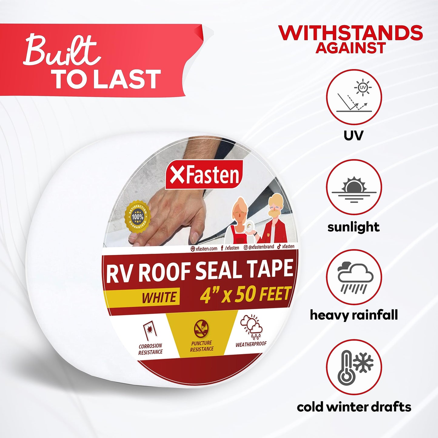 XFasten RV Repair Tape, White, 4-Inches by 50-Foot, Weatherproof RV Rubber Roof Patch Tape for RV Repair, Window, Vent, Boat Sealing, and Camper Roof Leaks