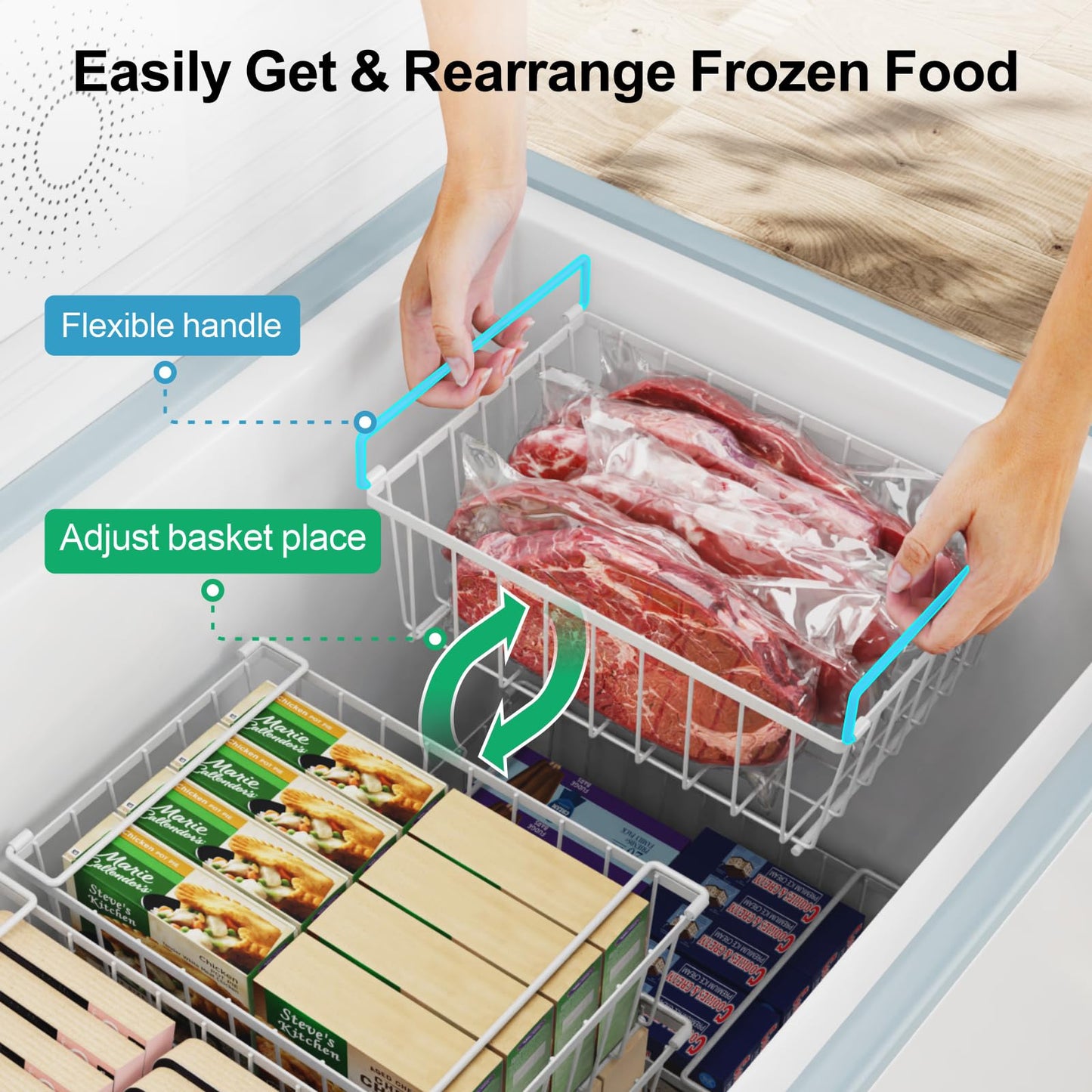 iSPECLE Freezer Organizer Bins- 4 Pack Stackable Freezer Baskets for 5 Cu.Ft Deep Freezer Sort Frozen Foods Chest Freezer Organizer with Handles Easily Get Food and Add Storage Space, White