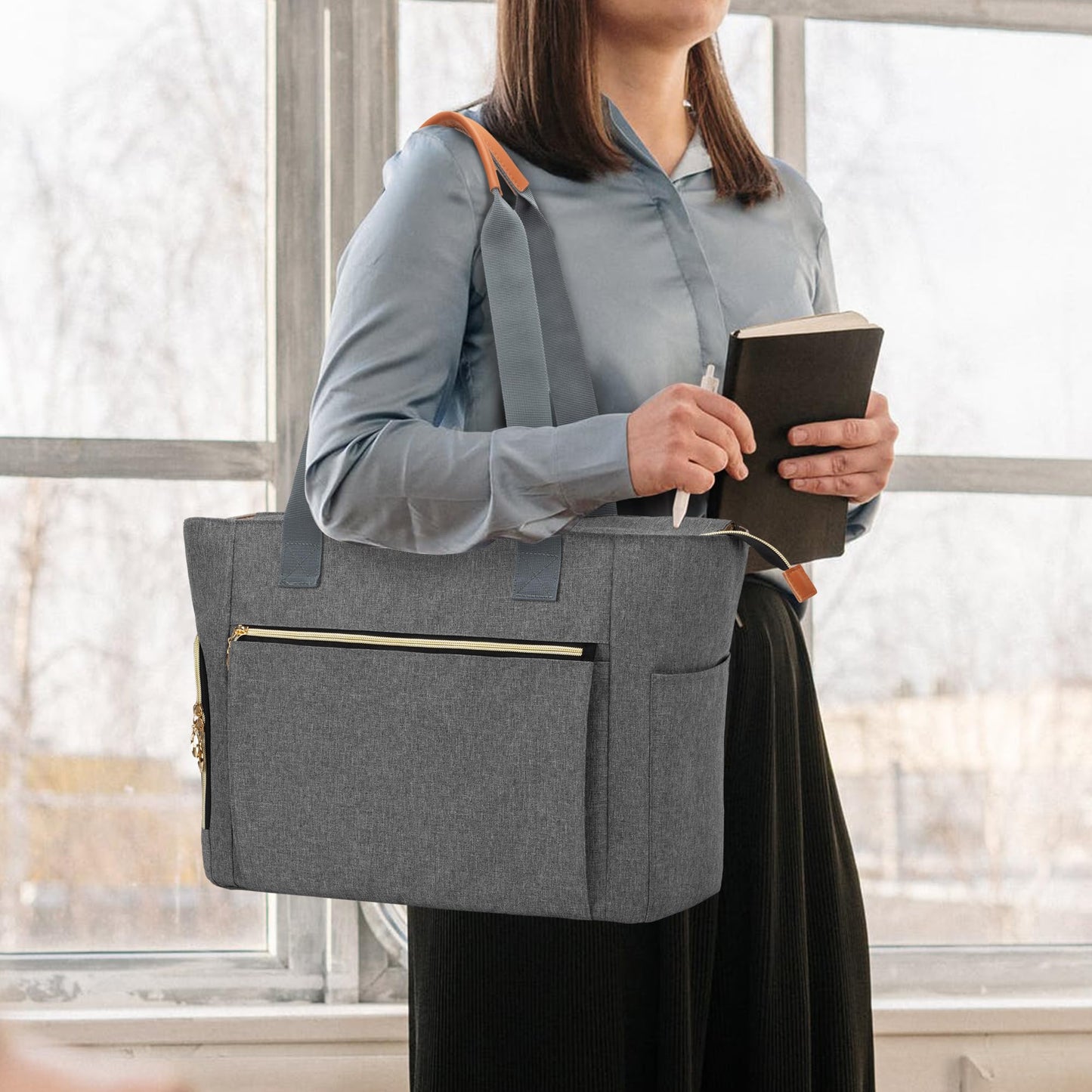 CURMIO Teacher Tote Bag for Women, Portable Teacher Work Bag with Padded Sleeve and Compartments for Laptop, School Supplies, Ideal Gifts for Teachers, Gray, Bag Only
