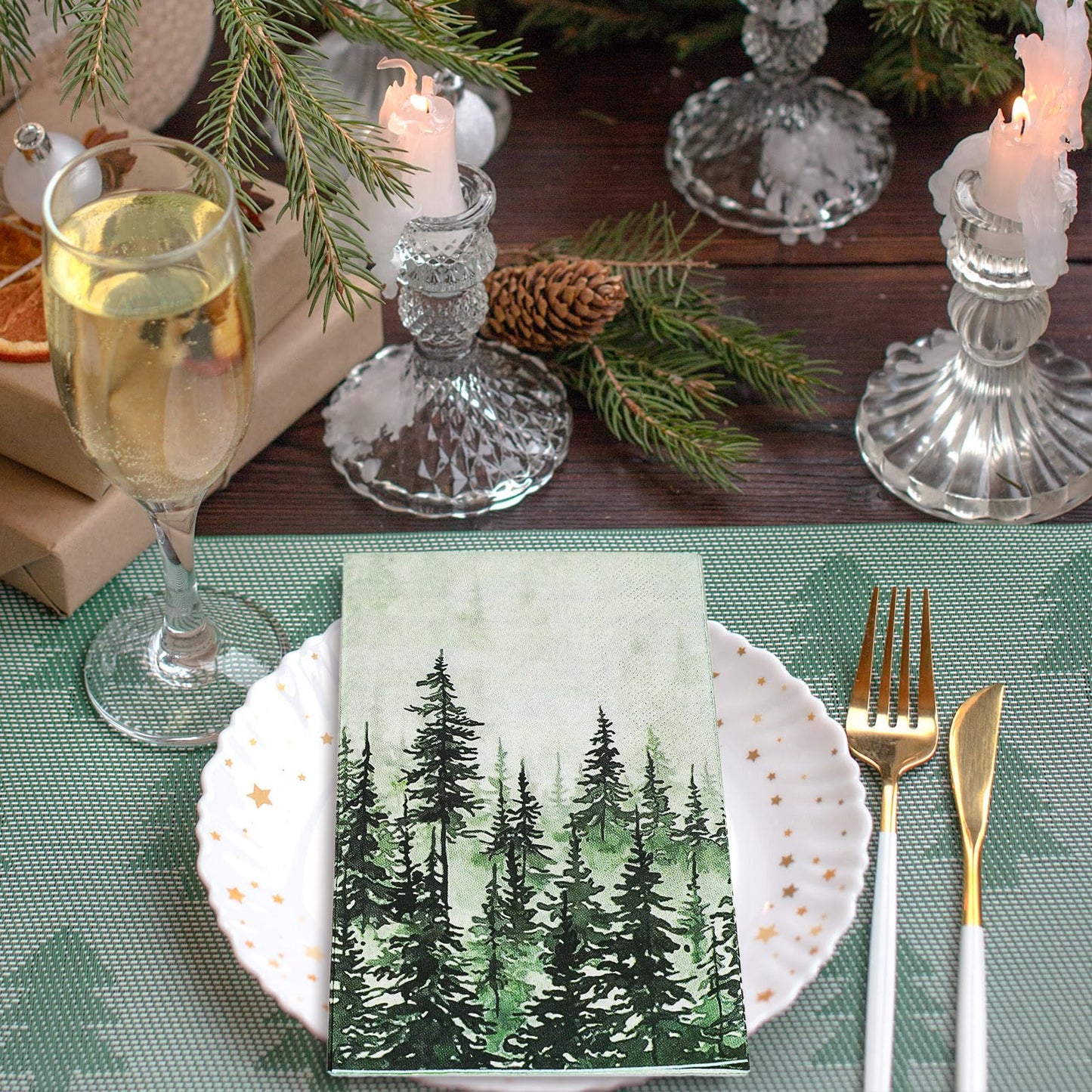 JarThenaAMCS 100Pcs Green Misty Forest Guest Napkin Woodland Disposable Paper Napkin Pine Tree Dinner Hand Towel Napkin for Home Kitchen Bathroom Holiday Party Supplies