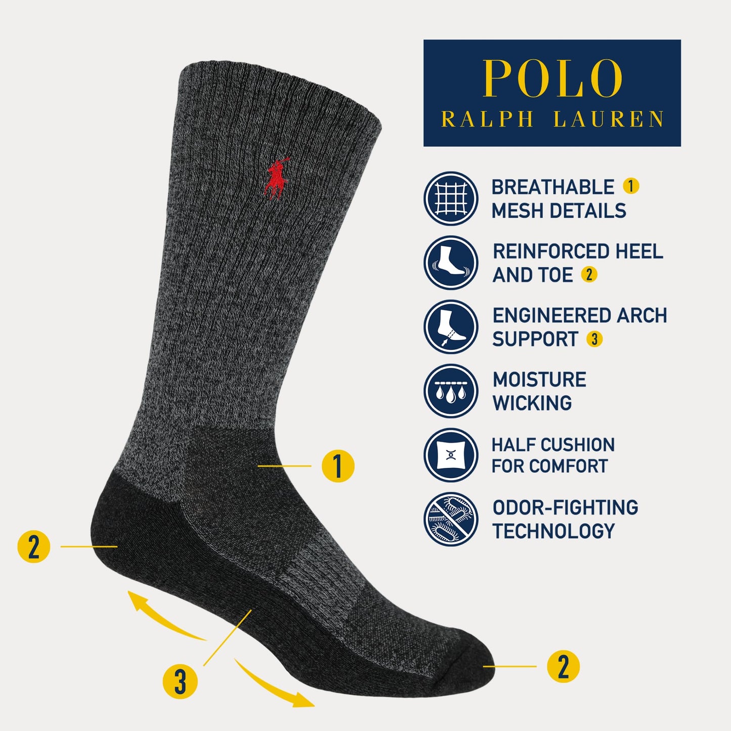 POLO RALPH LAUREN Men's Classic Sport Marled Low Cut Socks - 6 Pair Pack - Breathable Mesh and Arch Support, Gray – Crew, 6-12.5