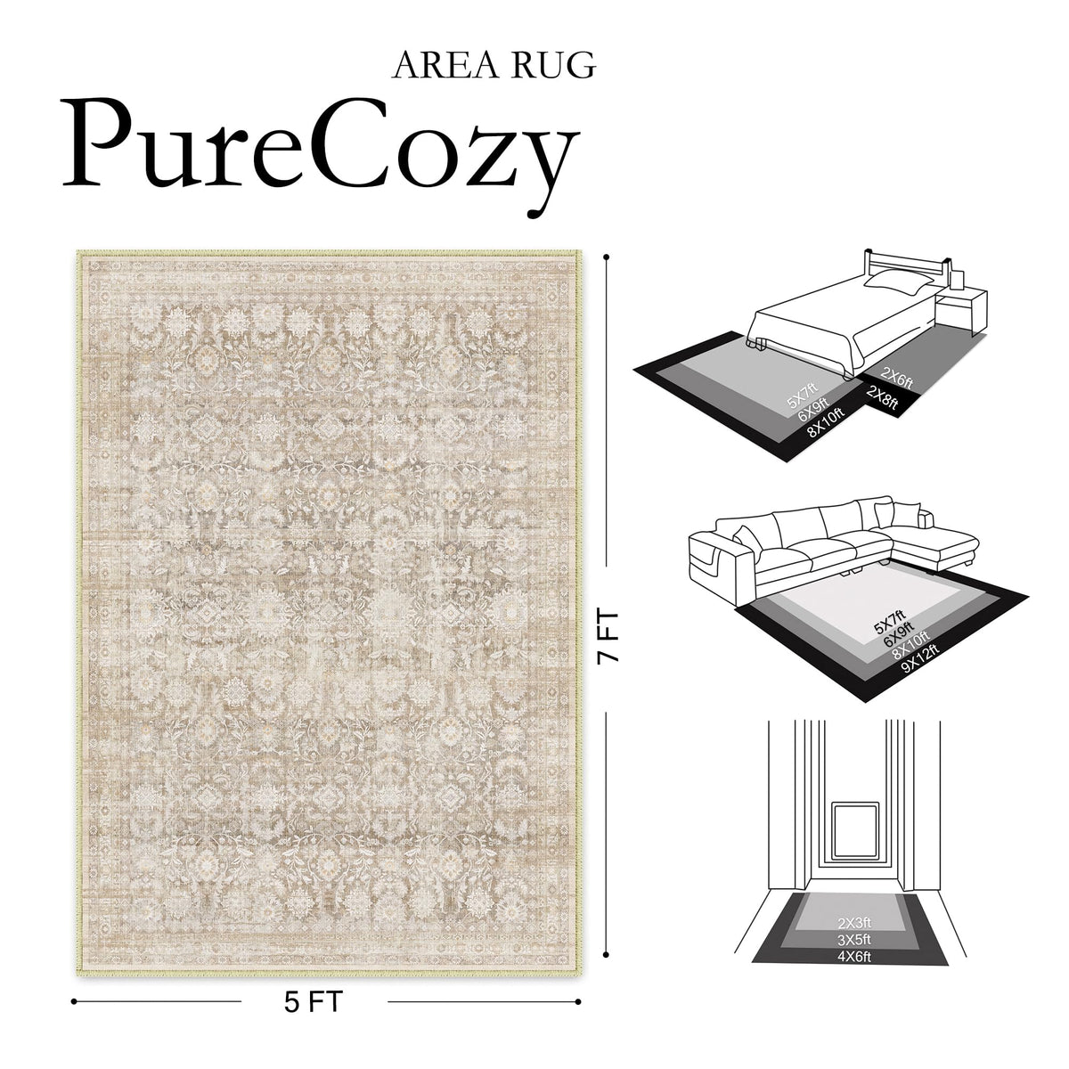 PureCozy 5x7 Beige Washable Area Rugs Living Room Floral Accent Distressed Carpet Non Slip Soft Tapis Salon Low Pile Throw Rug Stain Resistant for Bedroom Dinning Room Office Farmhouse Nursery