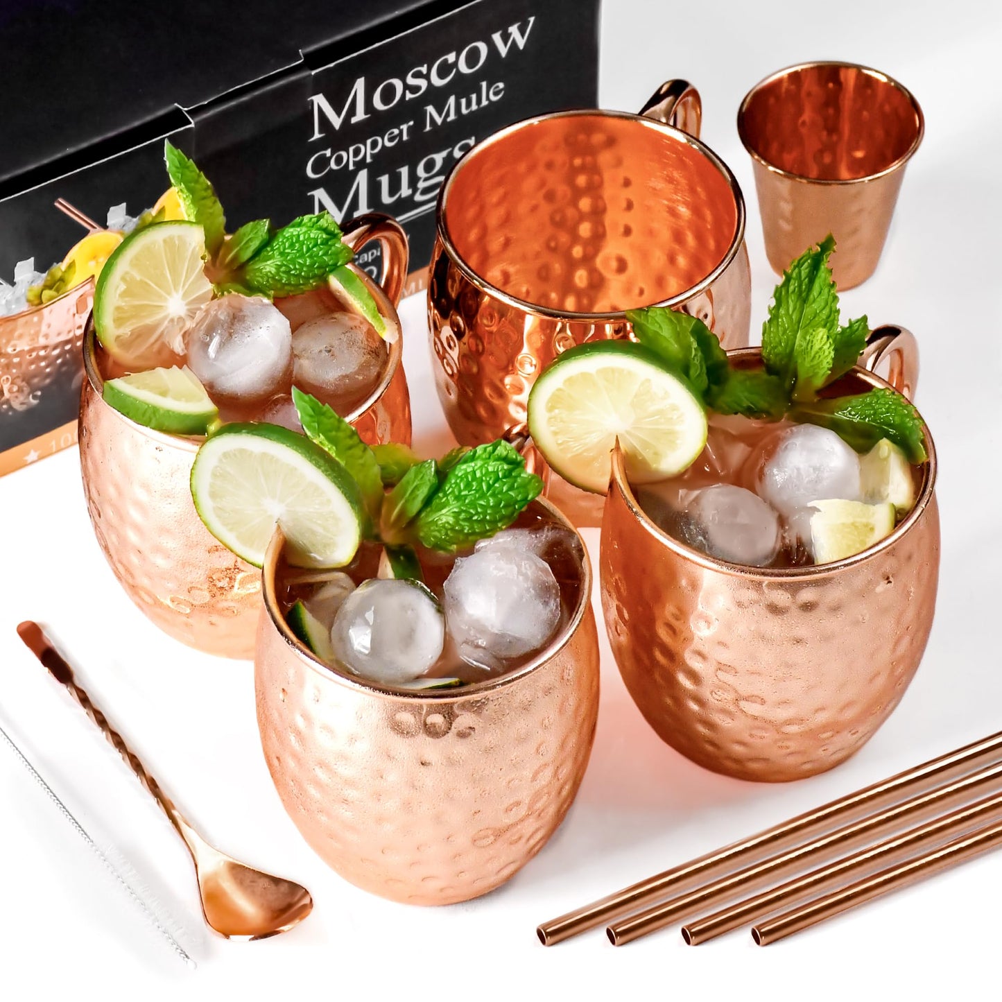 Moscow Mule Copper Mugs - Set of 4 100% Handcrafted Solid 16 oz Copper Mugs with 4 Copper Straws, 1 Stirring Spoon, 1 Copper Shot Glass, 1 Straw Cleaning Brush,Ideal Christmas Gifts for Men Women