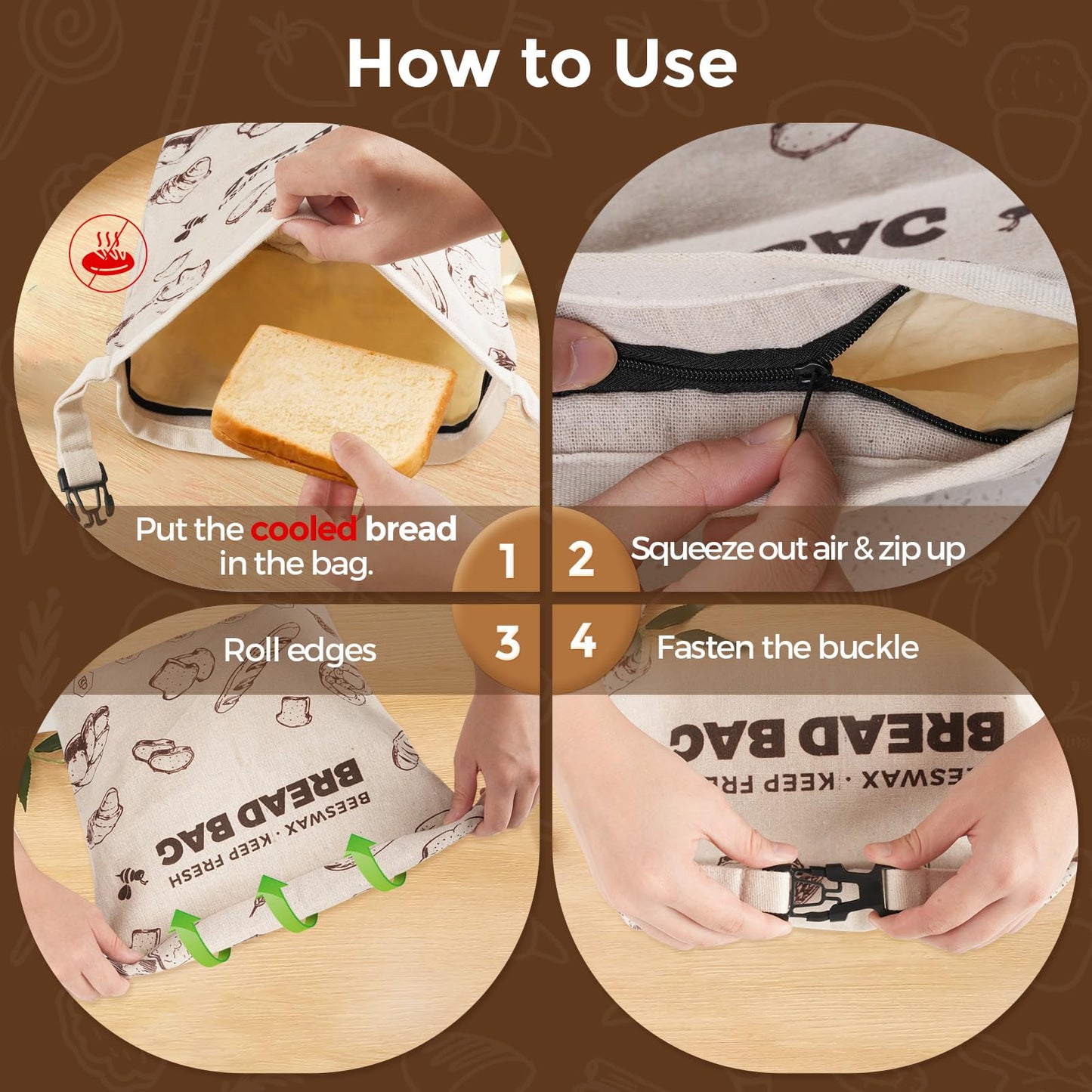 YARRAMATE Reusable Beeswax Bread Bags for Homemade Bread & Sourdough, 2 Pack XL 17x13in Linen Organic Bread Storage Bags with Zipper for Loaf, Baguette, Bagels and Sandwich Bread, Freezer Safe, Brown