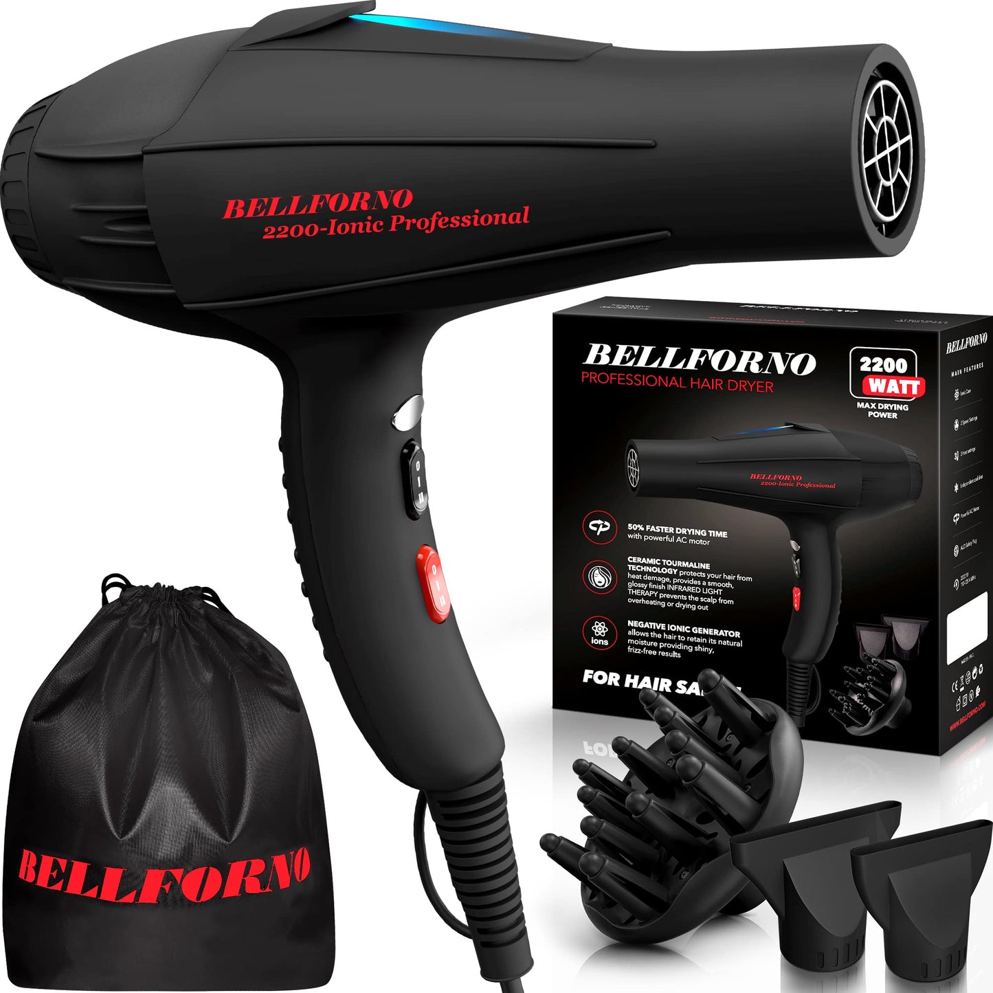 Professional 2200W Diffuser Hair Dryer for Curly and Natural Wavy Hair, Low Noise Negative Ionic Blow Dryer with Diffuser, The New Upgraded Motor & Ceramic Technology for Fast Drying by BELLFORNO